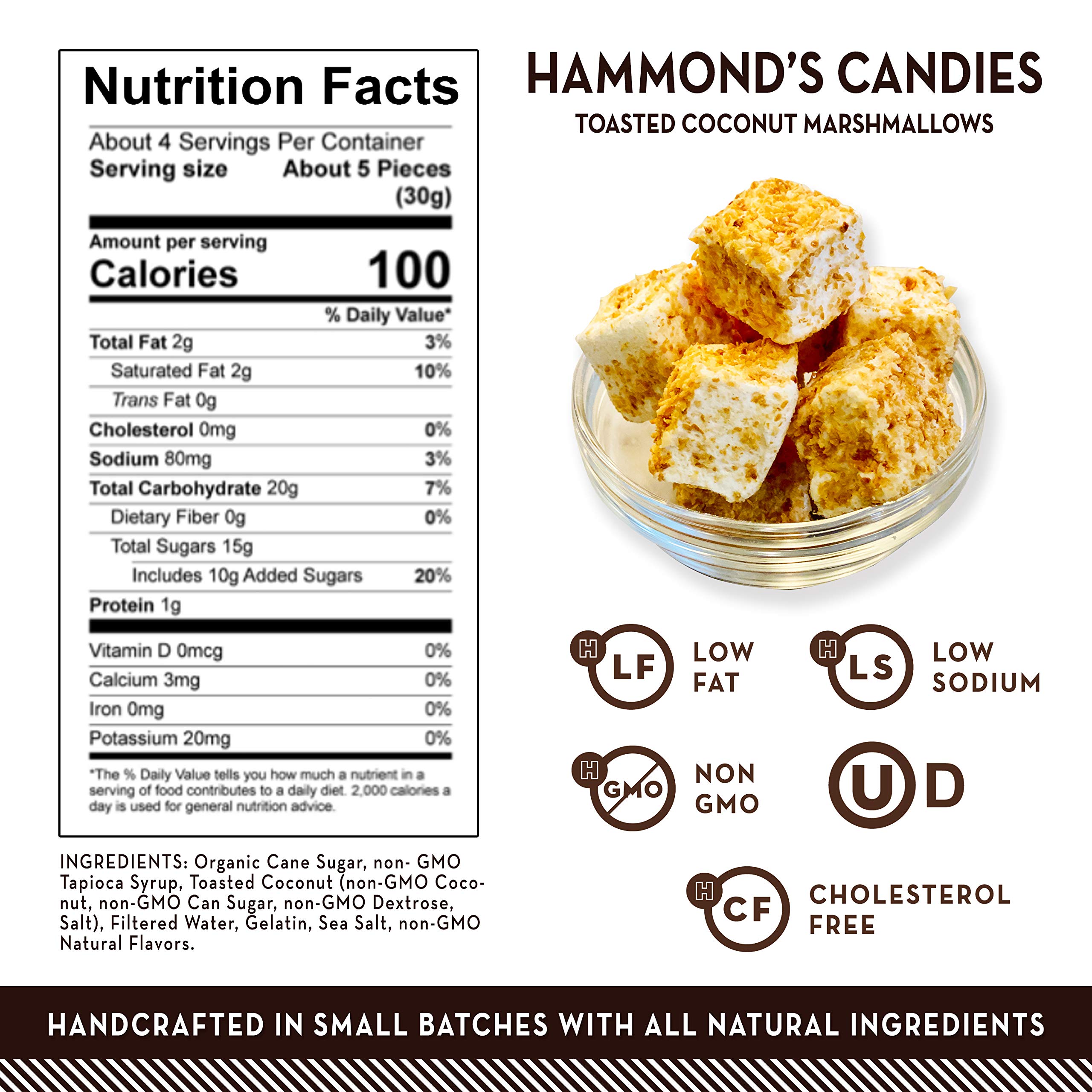 Hammond’s Candies Gourmet Toasted Coconut Marshmallows - Gluten Free, Kosher, Handcrafted in USA - 2 Pack for Snacking, Hot Chocolate, S'mores & Baking - Perfect for Camping, Parties & Desserts