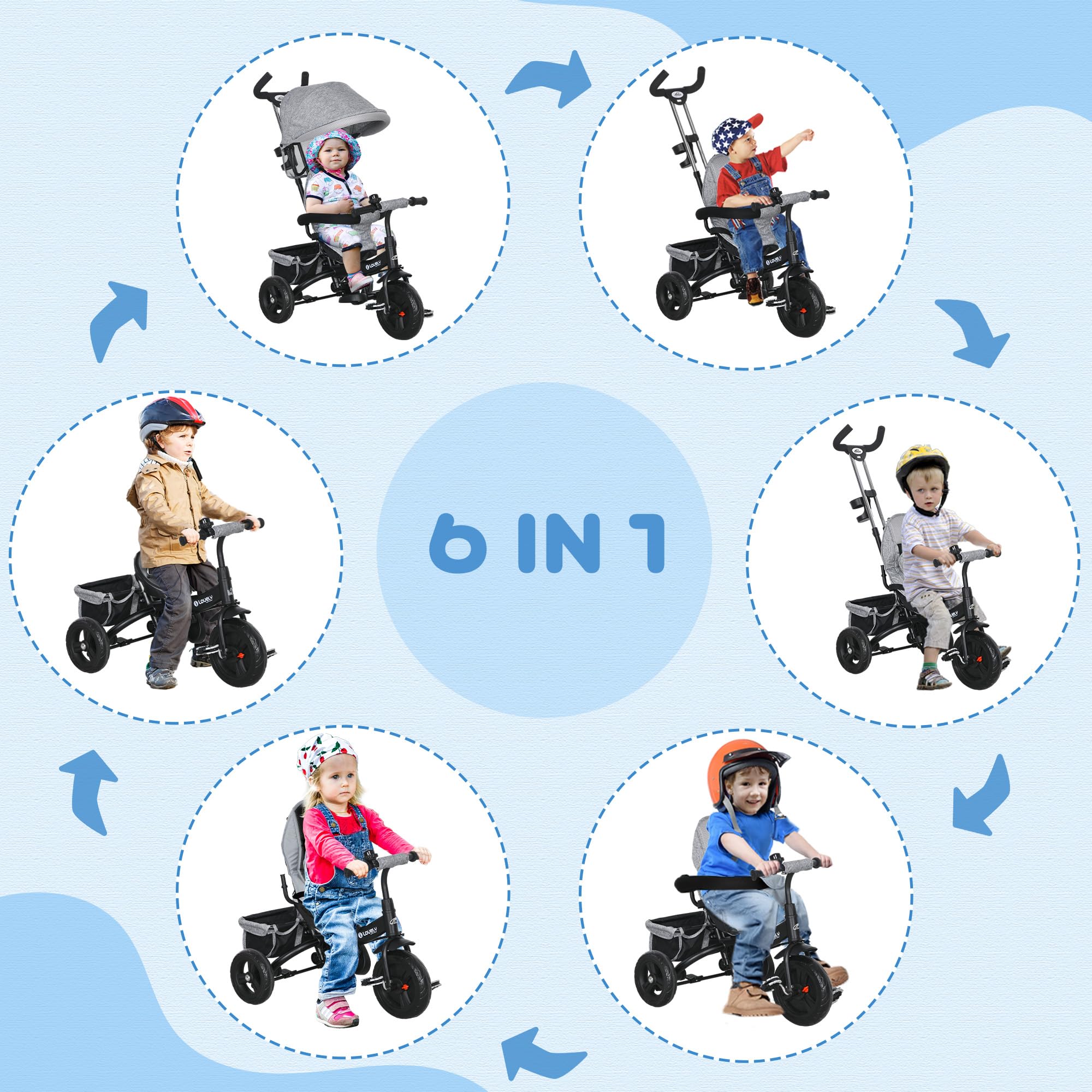 Qaba 6-in-1 Toddler Tricycle with Foldable Canopy & Storage Basket - Adjustable 5-Point Safety Harness Trike for Kids 1-5 Years Old (Grey) - Perfect for Outdoor Play, Park Rides & Learning Balance