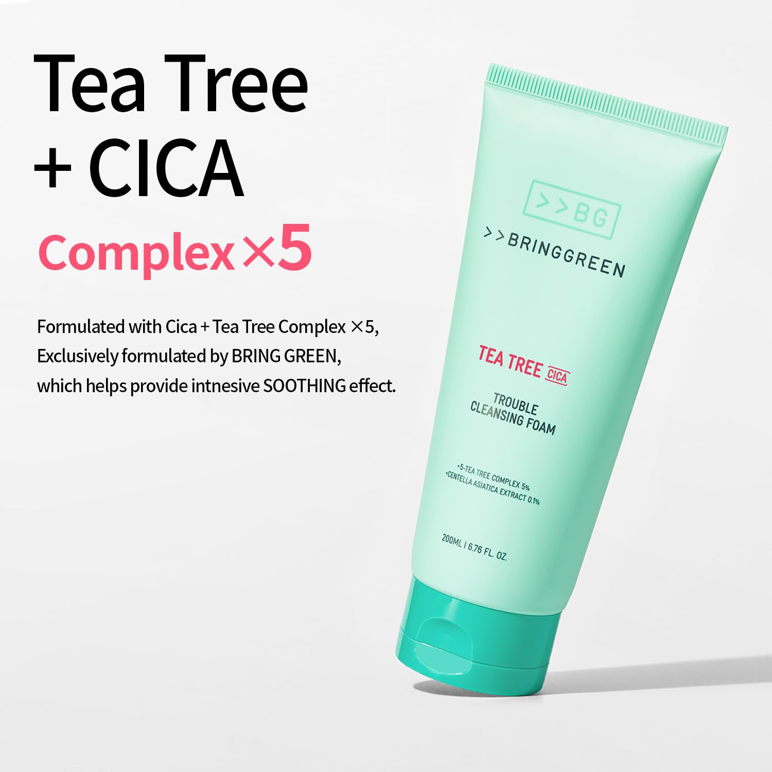 BRING GREEN Tea Tree Cica Trouble Cleansing Foam - Gentle Exfoliating Face Wash for Blackheads & Whiteheads | Soothing Sensitive Skin Cleanser | 10.1 Fl Oz (300ml) | Perfect for Acne-Prone & Irritated Skin | Morning & Night Skincare Routine