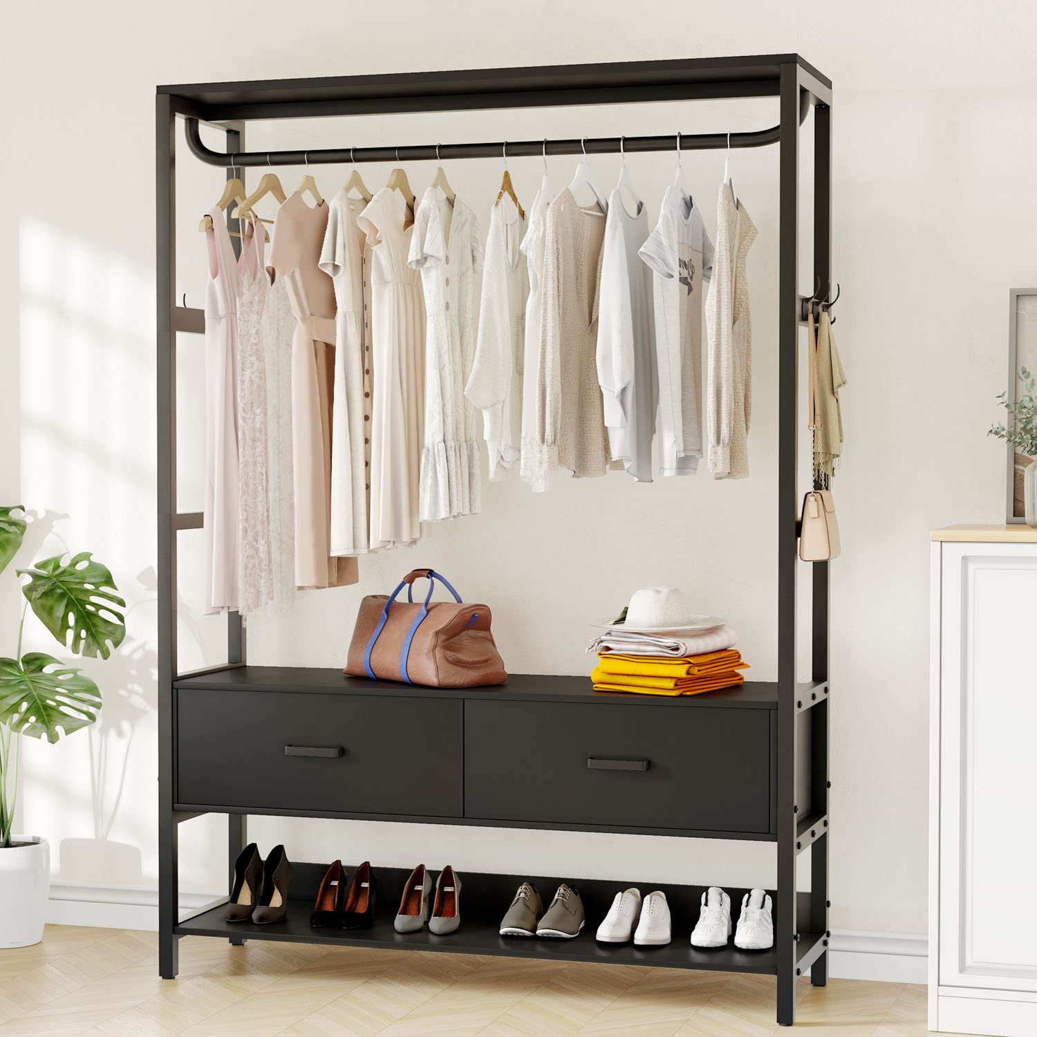 HOKEEPER Heavy Duty Free Standing Closet Organizer with 5 Drawers & Hooks - Sturdy Metal Garment Rack with Shelves for Bedroom, Closet Storage - Perfect for Hanging Clothes, Organizing Wardrobe & Maximizing Small Spaces (Black)
