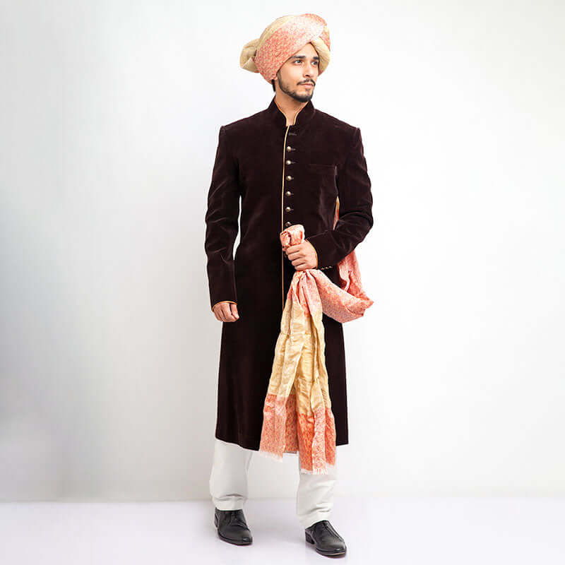 Deep Chocolate Brown Cocktail Velvet Sherwani for Men | Slim Fit Formal Wear | Perfect for Weddings, Parties & Special Occasions