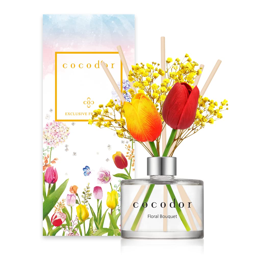 COCODOR Tulip Reed Diffuser 200ml - Floral Scented Home Fragrance Oil Diffuser with Natural Rattan Reeds, Long-Lasting Aromatherapy for Living Room, Bedroom, Bathroom & Office - Perfect Gift for Women