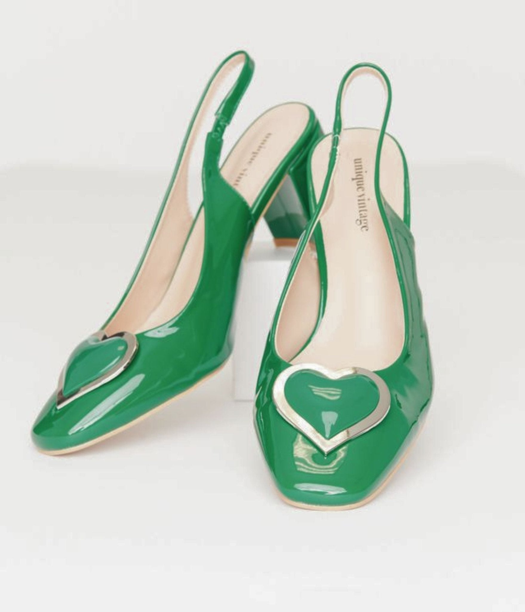 Vintage Green Heart Leatherette Slingback Heels for Women - Comfortable Retro Style Shoes for Party, Wedding & Date Night Outfits