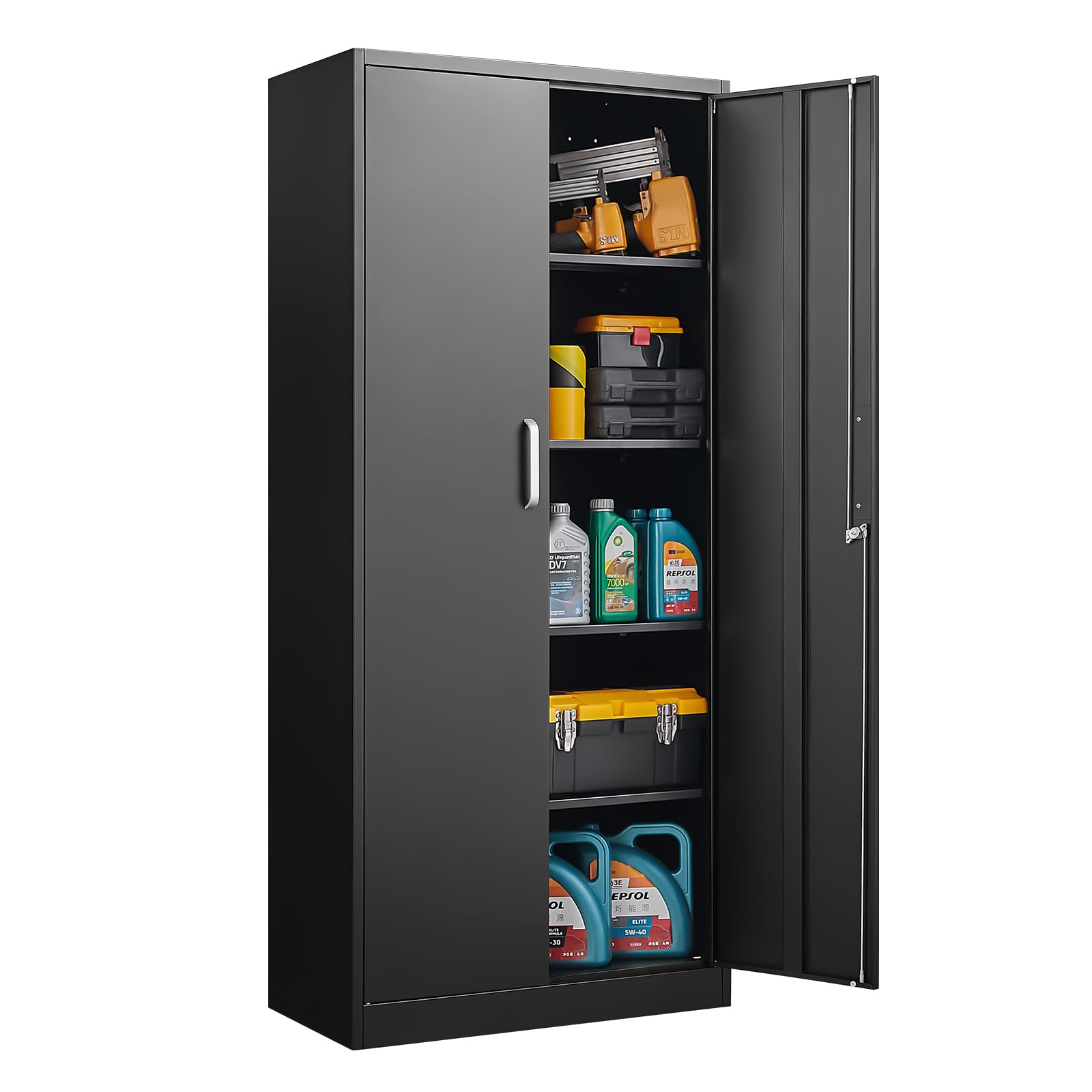 Heavy-Duty Black Metal Storage Cabinet with 2 Lockable Doors & Adjustable Shelves - 71