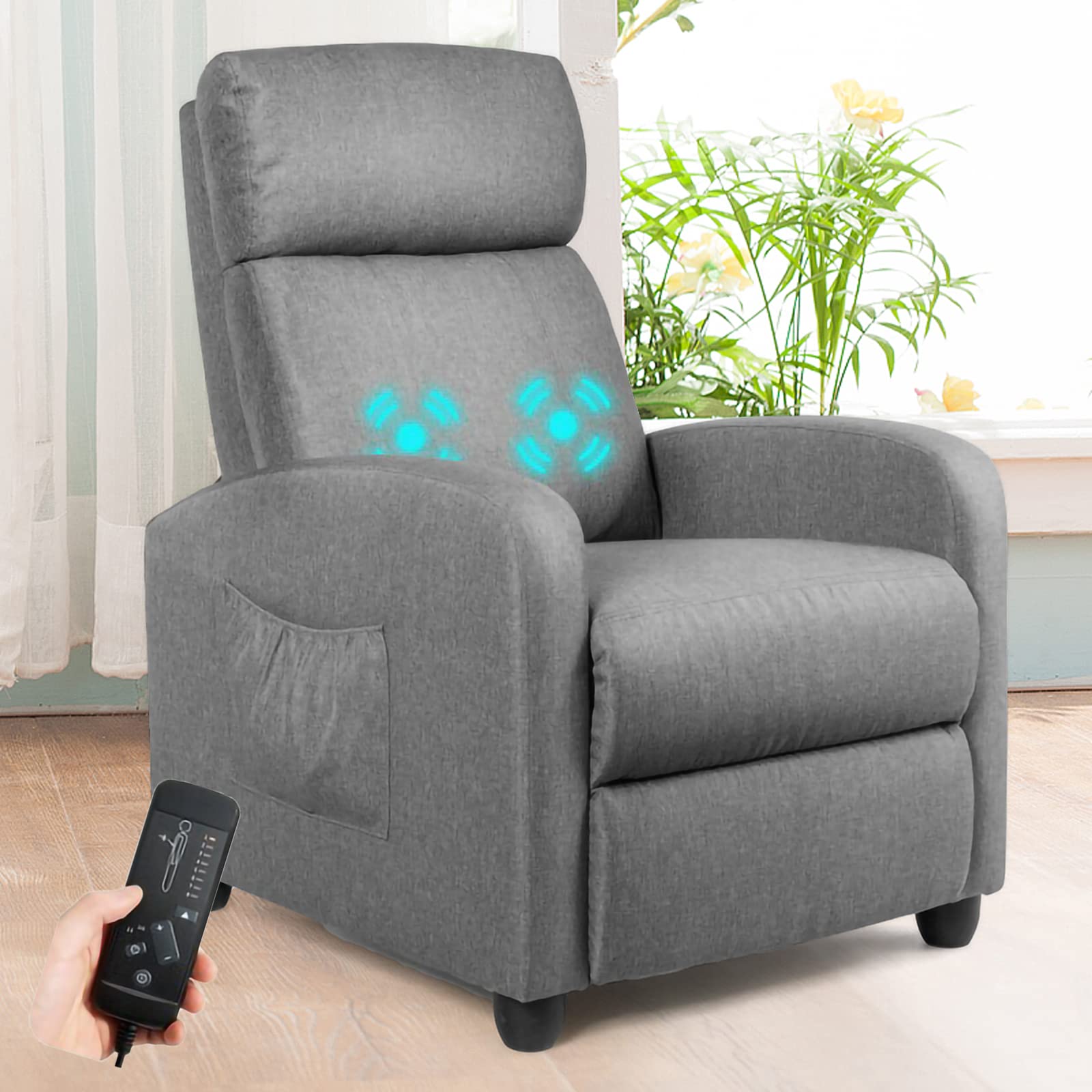 Comfortable Fabric Recliner Chair with Massage & Remote Control - Space Saving Living Room Reclining Chair with Side Pocket (Grey) - Perfect for Small Apartments, Home Theaters & Relaxation