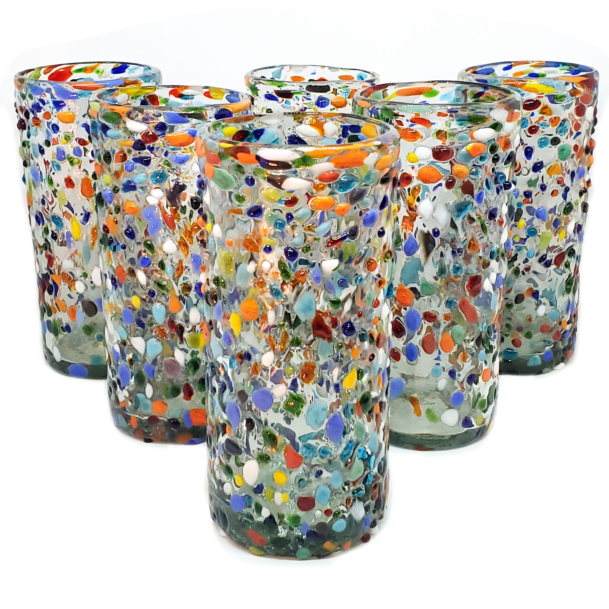 Colorful Confetti Rocks 20 oz Tall Iced Tea Glasses - Set of 6 Handmade Mexican Multicolor Recycled Glass Cups - Lead Free & Non-Toxic Drinkware - Perfect for Summer Parties, Margaritas, and Iced Beverages