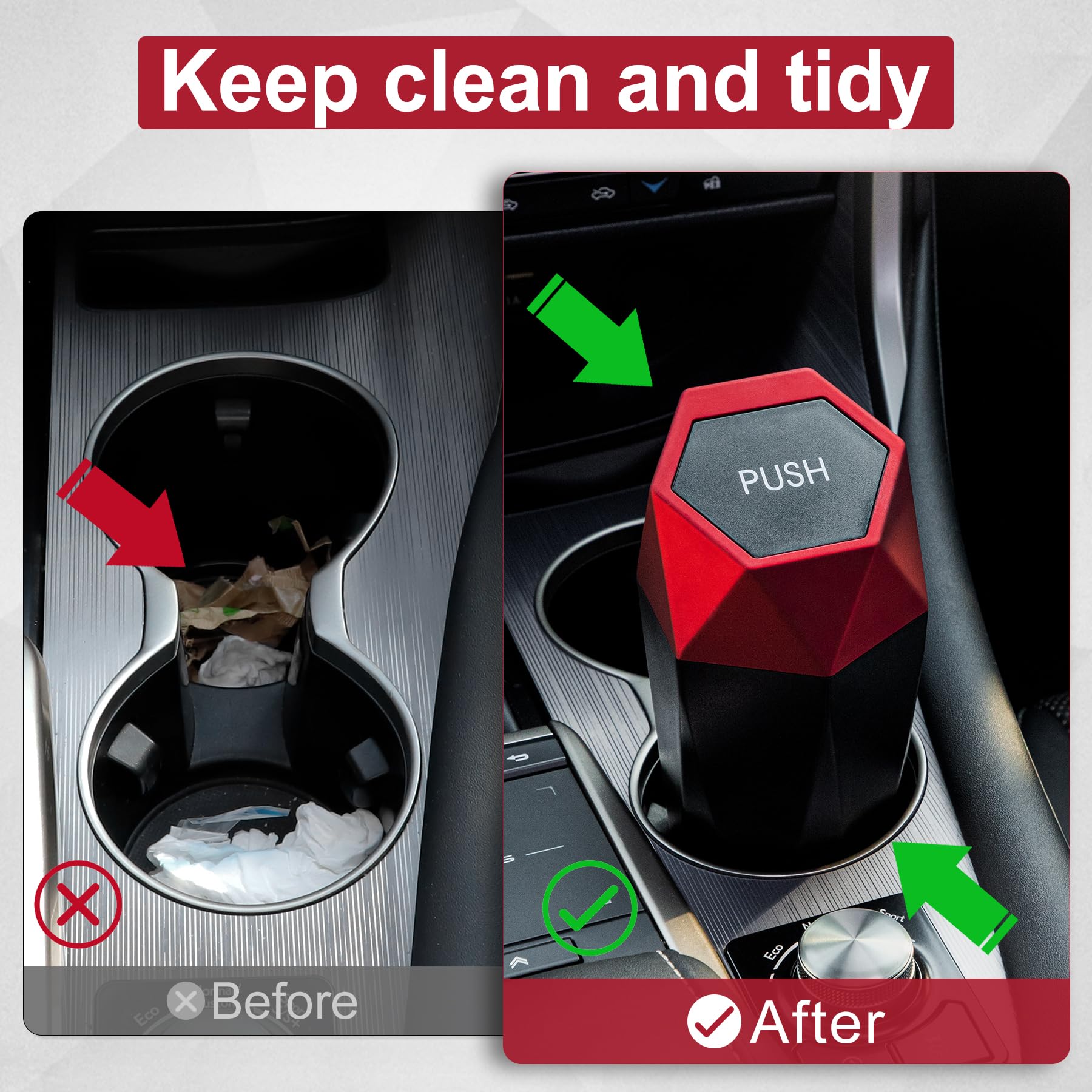 LivTee Diamond Design Car Trash Can with Lid - Small Automatic Portable Trash Bin with 4 Car Purse Hooks - Interior Car Accessories for Women & Men (Red) - Perfect for Road Trips, Commuting & Keeping Your Vehicle Clean