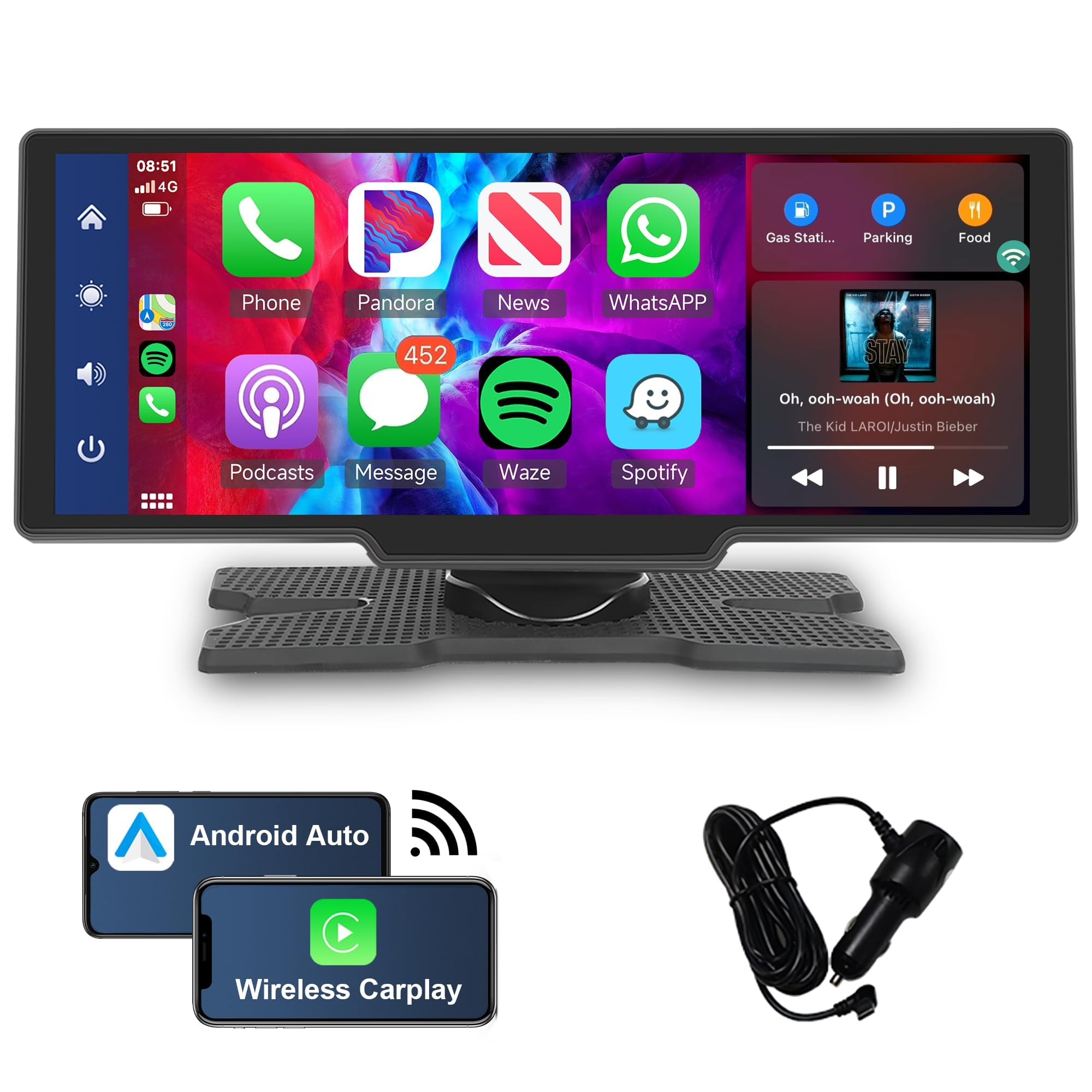 10.26 Inch Portable Car Stereo with Wireless Apple CarPlay & Android Auto - Rimoody IPS Touchscreen Car Radio with Dual Bluetooth, FM Transmitter, Voice Control, AUX & TF Card Slot - Perfect for Road Trips & Commuting