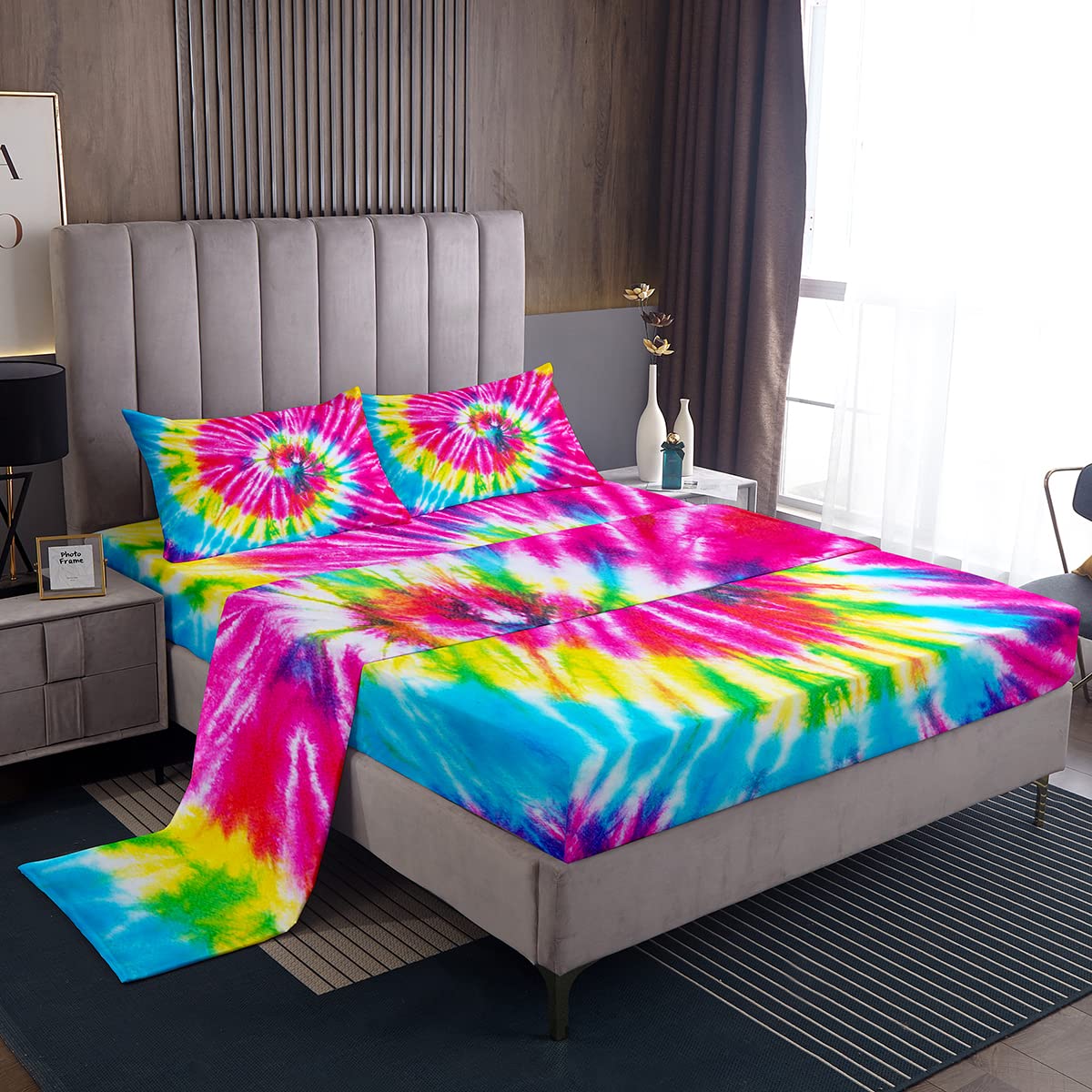 Vibrant Tie Dye Bedding Set - Pink & Blue Spiral Boho Print Sheets & Pillowcases, Twin Size | Modern Abstract Design for Bohemian & Hippie Style Bedrooms | Perfect for Dorm Rooms, Guest Beds & Cozy Boho Chic Home Decor