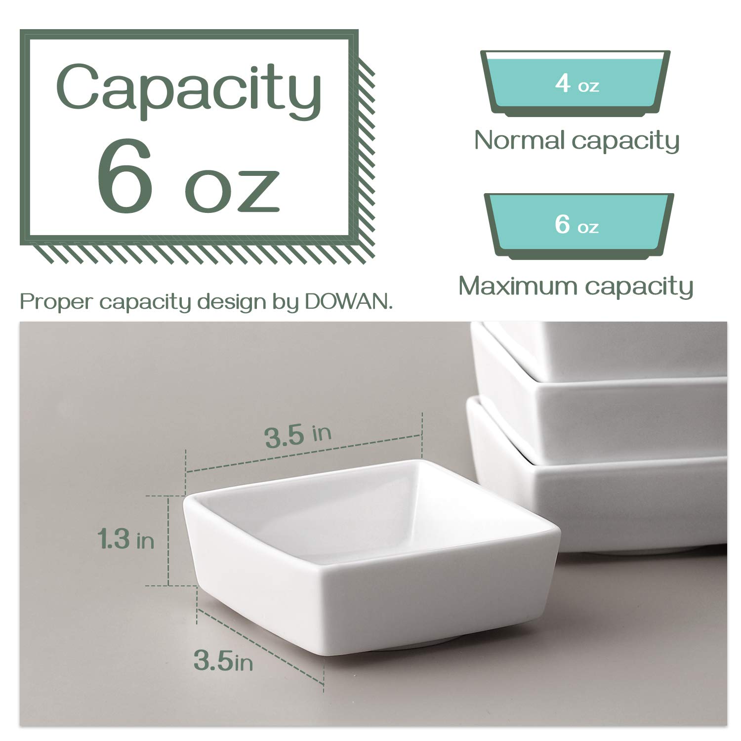 DOWAN 6 oz Square Porcelain Ramekins - Oven Safe Baking Dishes for Creme Brulee, Souffle, Desserts, Appetizers & Dipping Sauces | Set of 6 White Ramekin Bowls | Perfect for Home Baking, Restaurant Use & Party Serving