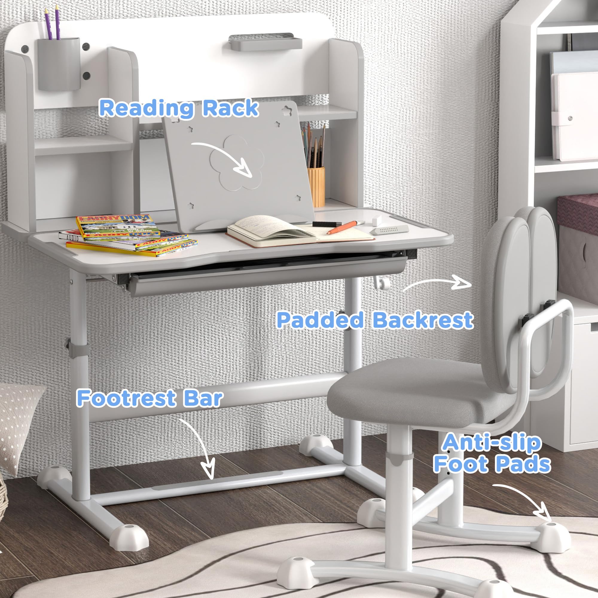 Qaba Adjustable Kids Desk and Chair Set with Tilt Desktop, Storage Drawer & Book Rack - Ergonomic Study Table for Writing, Reading, Drawing - Perfect for Homeschooling & Online Learning (Gray)