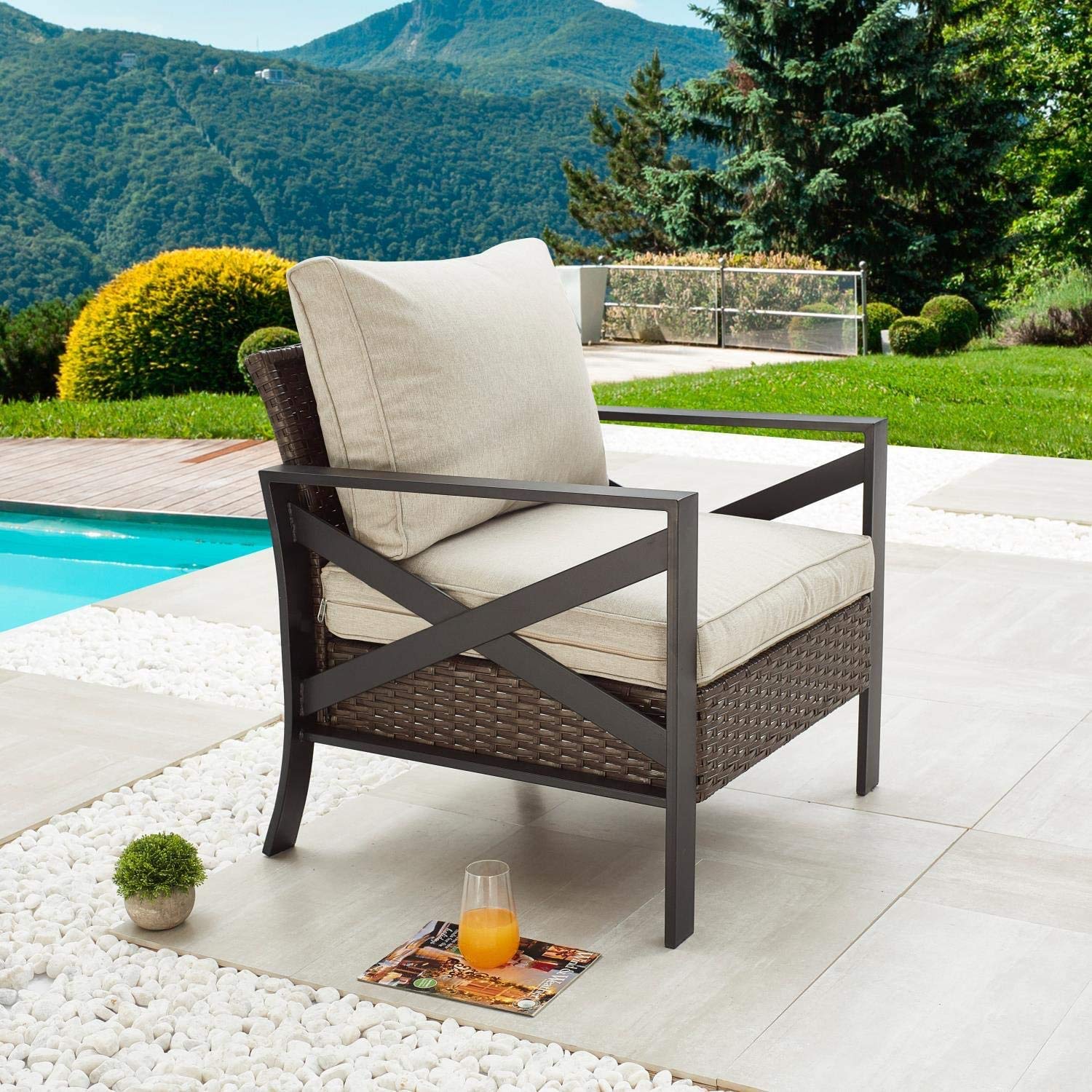 PatioFestival Wicker Outdoor Chair - Rattan Armchair with Removable Cushions, Patio Dining Furniture for Garden, Balcony, Porch & Poolside - Perfect for Relaxing, Sunbathing & Outdoor Entertaining