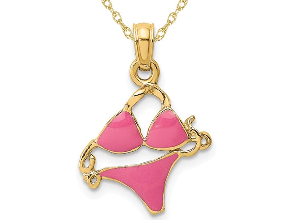 14K Yellow Gold Pink Enamel Bikini Charm Pendant Necklace for Women - Elegant Beach Jewelry Gift for Swimwear & Summer Fashion Accessories
