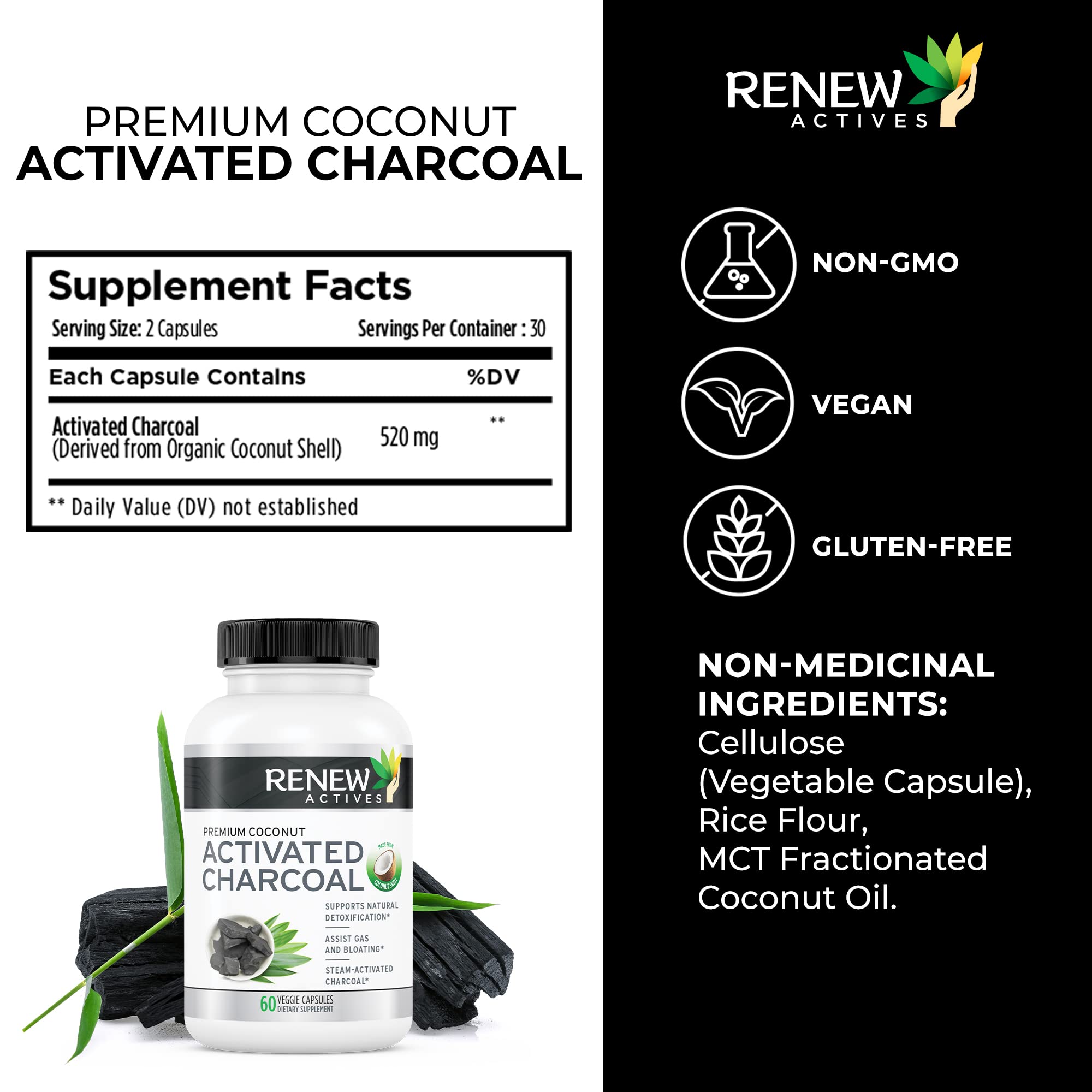 Renew Actives Activated Charcoal Supplement 1100MG (60 Capsules) - Natural Digestive Support & Teeth Whitening Formula | Made in Canada | No Artificial Ingredients | Detox & Oral Care for Daily Wellness