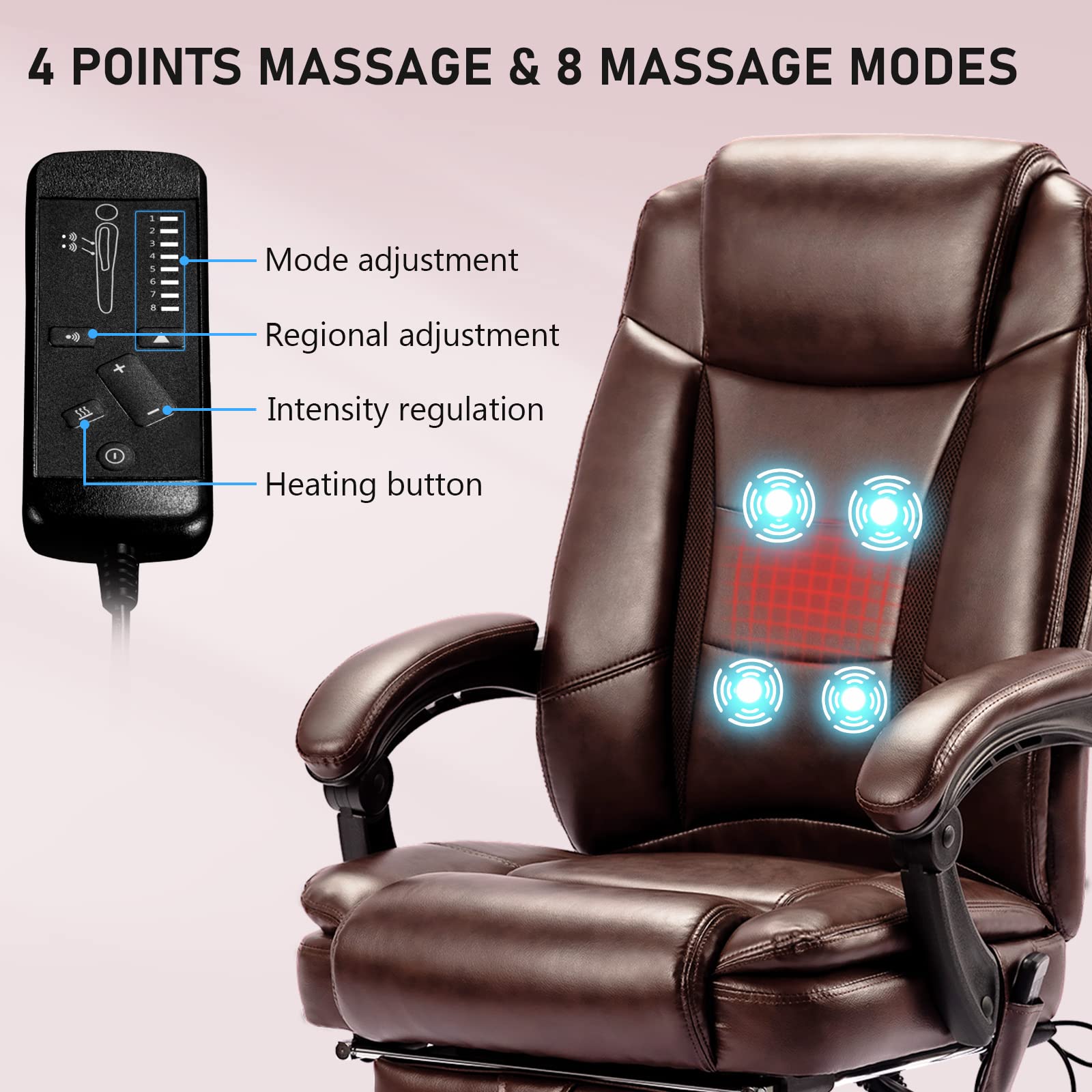 NOBLEMOOD Executive Office Chair with 4-Point Massage & Heating - Ergonomic Big and Tall Mesh Chair with Lumbar Support, Footrest & Reclining Function (Brown) - Perfect for Home Office, Gaming & Workspaces