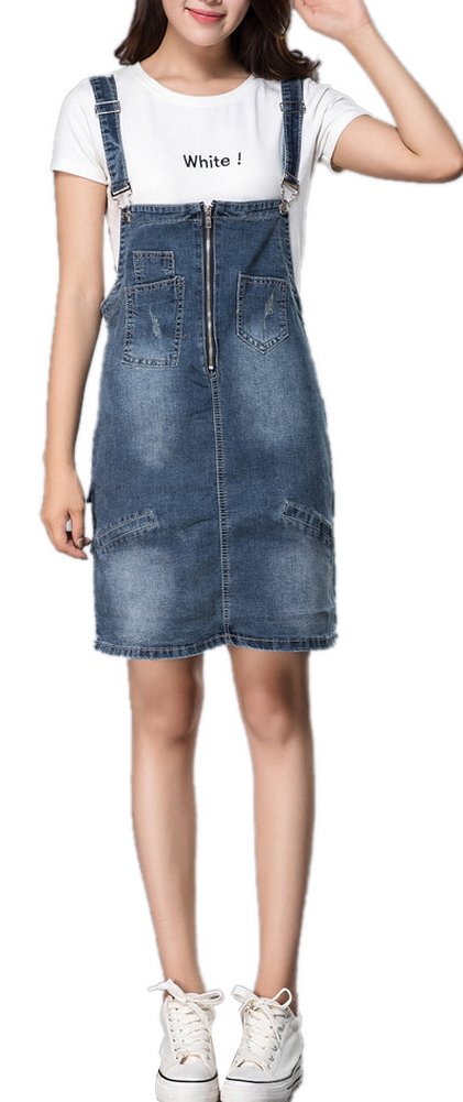 GALMINT Women's High Waist Ripped Blue Denim Suspender Skirt Dress Overall with Pockets | Vintage Fashion Outfit for Casual Wear, Date Night & Street Style