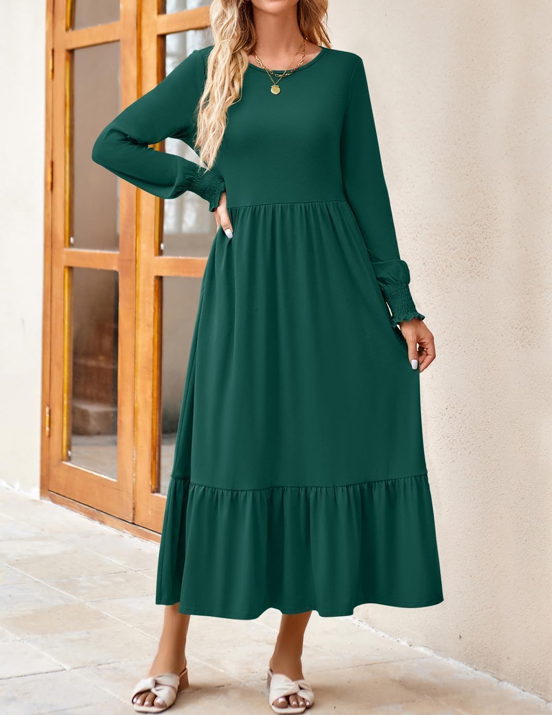 ZESICA Women's Long Sleeve Pleated Swing Dress - Crewneck Casual Tiered Midi Dress with Pockets for Spring 2025 | Perfect for Office, Brunch & Date Nights