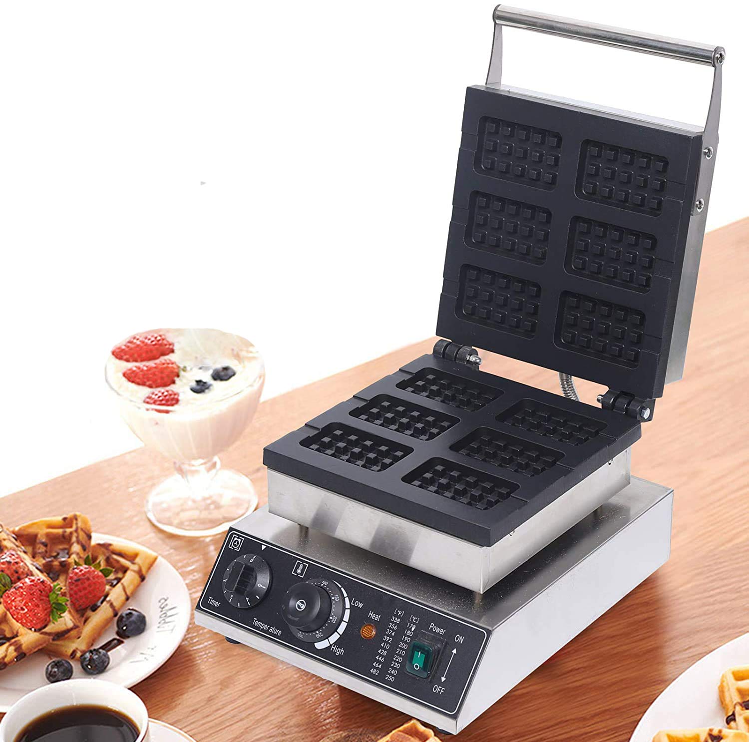 Commercial Waffle Maker Machine - 1500W Electric Waffle Iron with Non-Stick Surface, 6-Piece Waffle Capacity, Stainless Steel Design for Home & Bakery Use - Perfect for Waffles, Paninis, Mini-Pies & Hash Browns - Ideal for Breakfast, Brunch & DIY Cooking