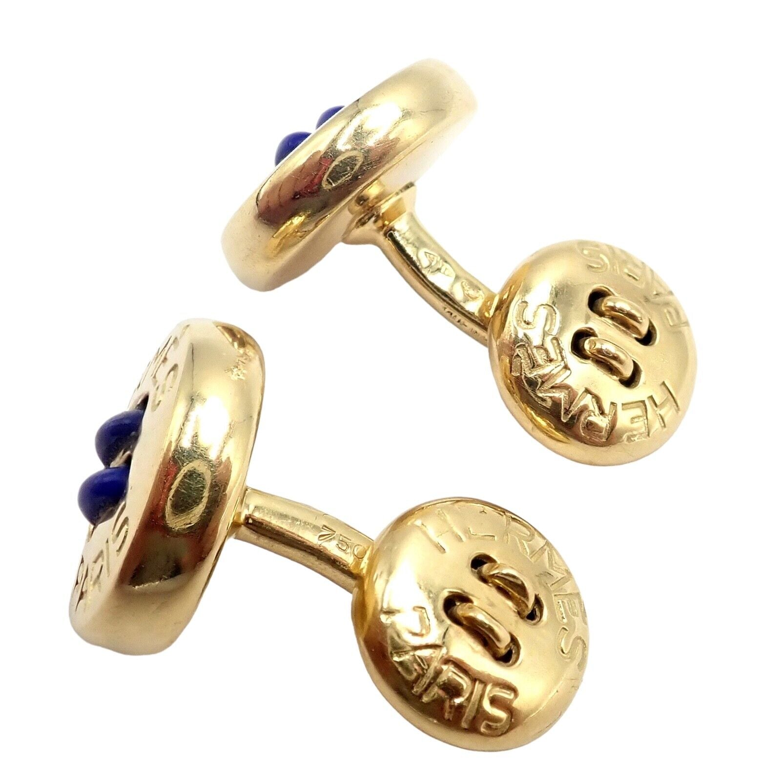 Vintage Authentic Hermes Paris 18k Yellow Gold Men's Lapis Button Cufflinks - Luxury Collectible Jewelry for Formal Events & Gifts