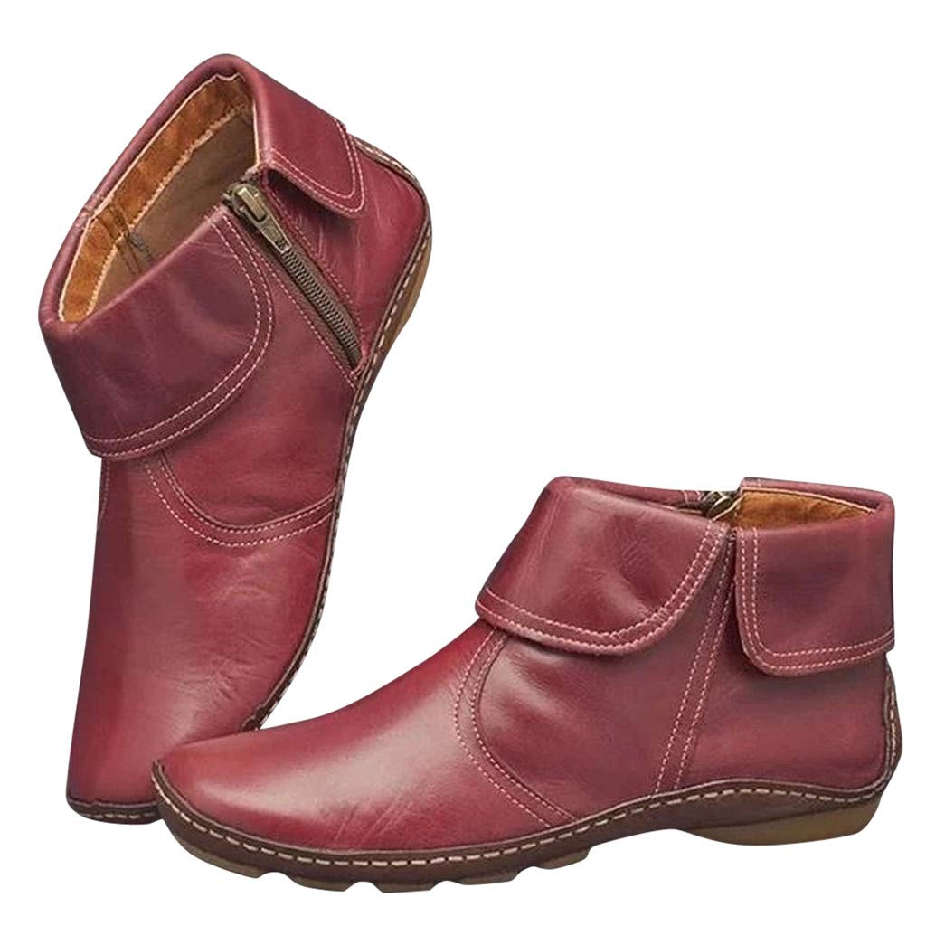 Women's Vintage Lace Up Ankle Booties with Side Zip - Flat Heel Comfortable Arch Support Boots for Casual Wear & Fall Fashion
