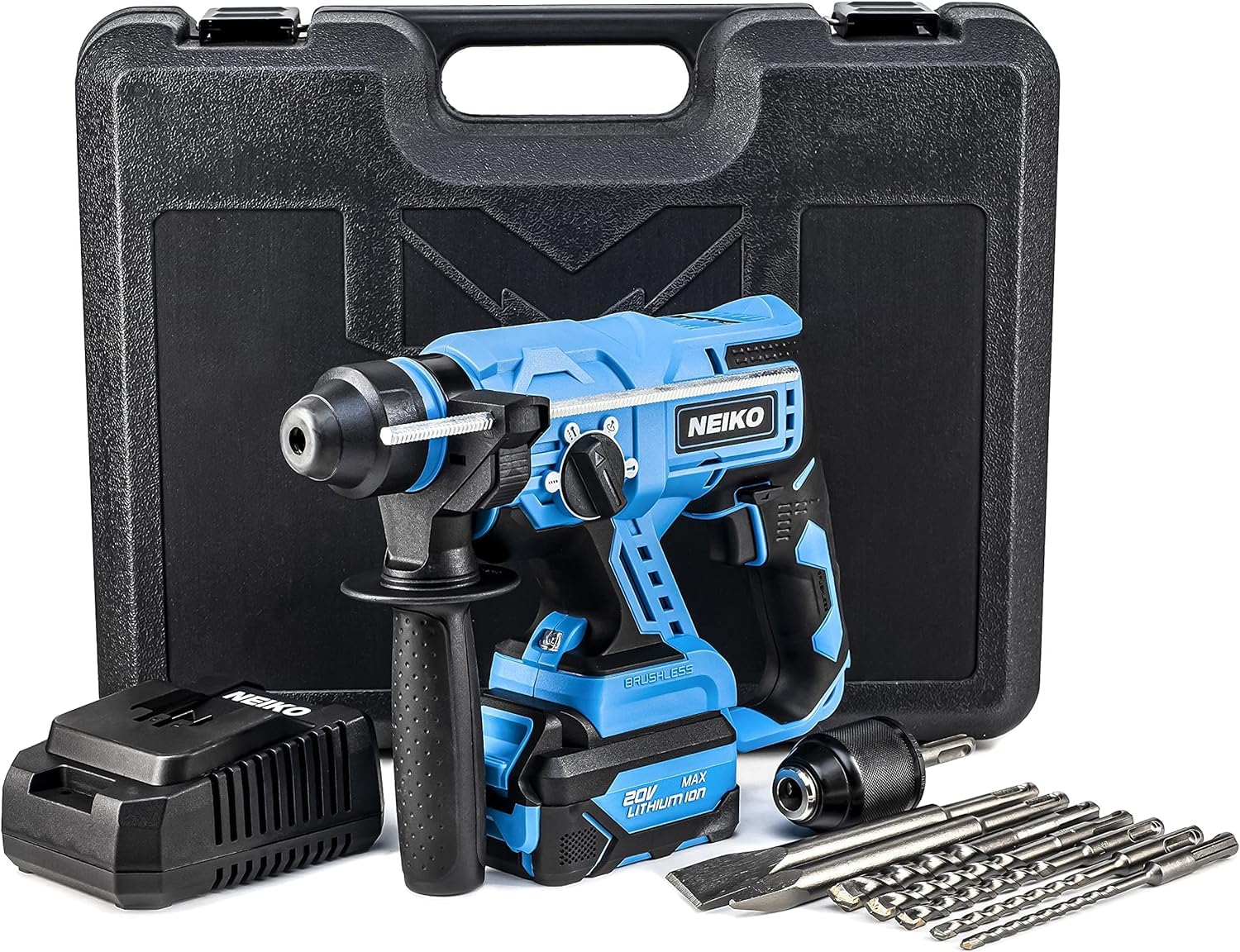 NEIKO 10882A 20V Cordless Rotary Hammer Drill with SDS Plus - Heavy Duty Brushless Demolition Hammer, Includes Li-ion Battery & Fast Charger - Perfect for Concrete Drilling, Masonry Work & Home Renovation Projects