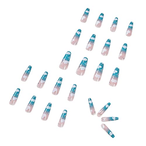 24PCS Rhinestone Coffin Press on Nails Kit - Blue Gradient Fake Nails with Long Coverage (1ML) | Perfect for Parties, Weddings, and Special Occasions