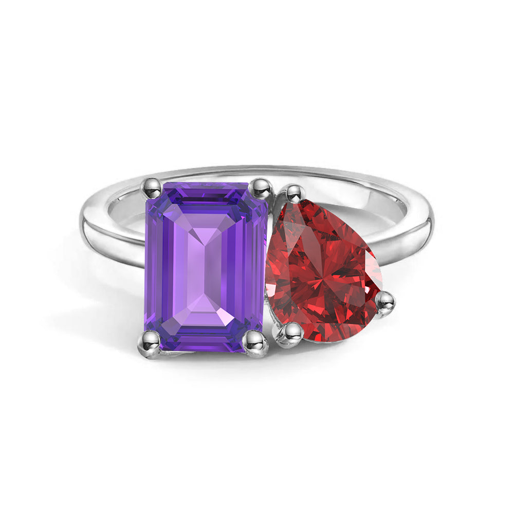 Personalized Toi et Moi Amethyst Birthstone Ring - Custom Anniversary Jewelry for Couples, Gift for Her, Romantic Proposal & Wedding Band
