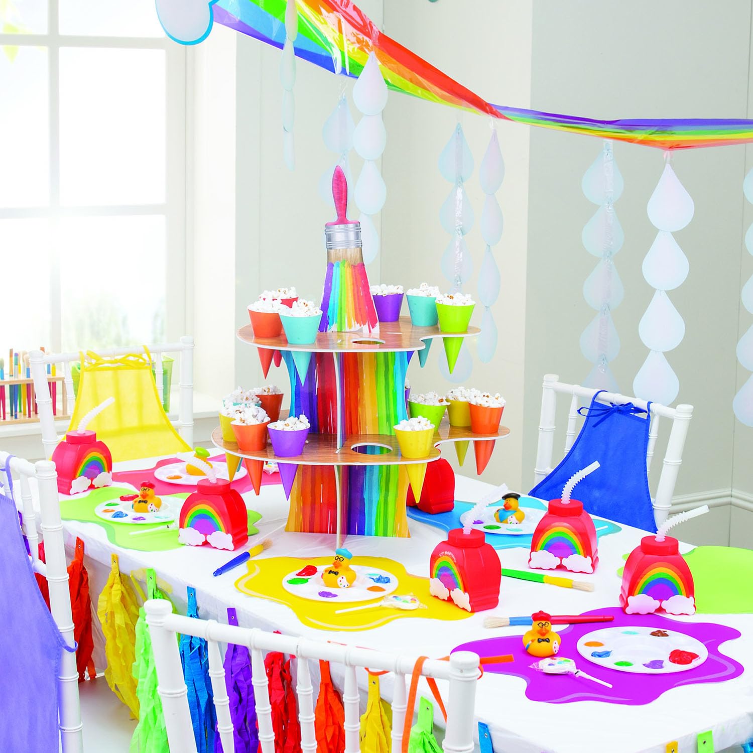 Fun Express 12 Ft. x 32 Inch Rainbow Cloud & Raindrops Ceiling Hanging Decor - 1 Piece - Perfect for Spring & Summer Classroom, Church, Party & Baby Shower Decorations - Ideal for Birthday Parties, School Events & Festive Celebrations