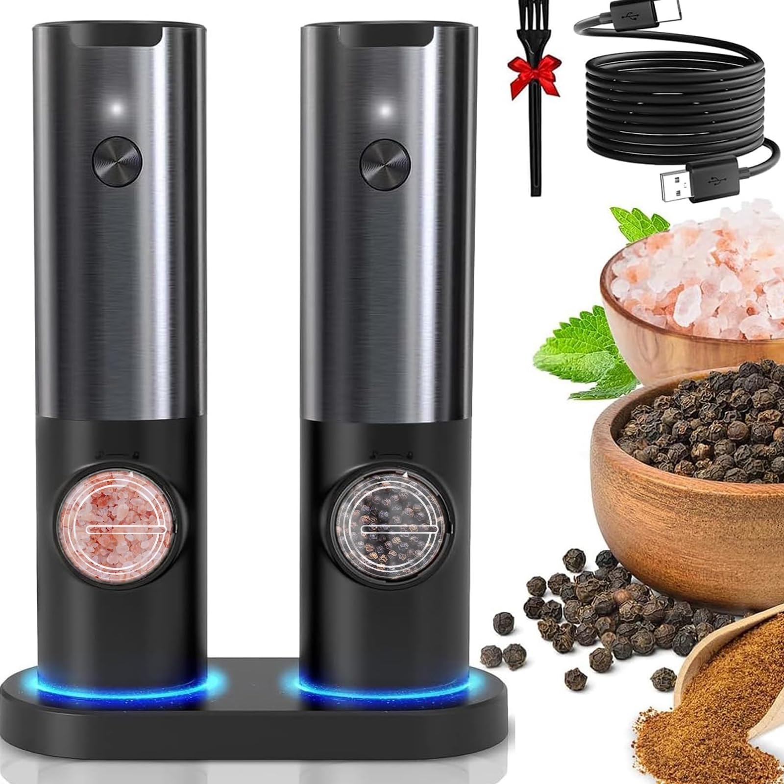 Rechargeable Electric Salt and Pepper Grinder Set - Battery-Free, One-Hand Operation, Adjustable Coarseness, Stainless Steel Mill with LED Light - Perfect for Kitchen, Dining Table & Outdoor Cooking