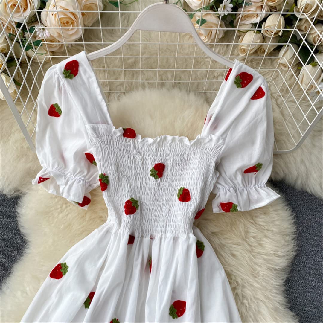 Vintage Strawberry Print Women's Dress - Kawaii Cherry Embroidered Puff Sleeve Square Neck Summer Dress in White | Perfect for Beach Vacations, Date Nights & Kawaii Fashion Outfits