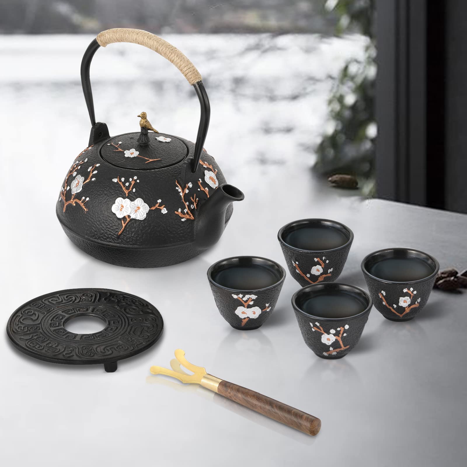Premium Japanese Cast Iron Teapot Set with Infuser - 1200ml/40.6oz Traditional Tetsubin Tea Kettle & 4 Matching Cups - Authentic Japanese Style for Green Tea, Herbal Tea & Matcha - Perfect for Home, Office & Tea Ceremonies