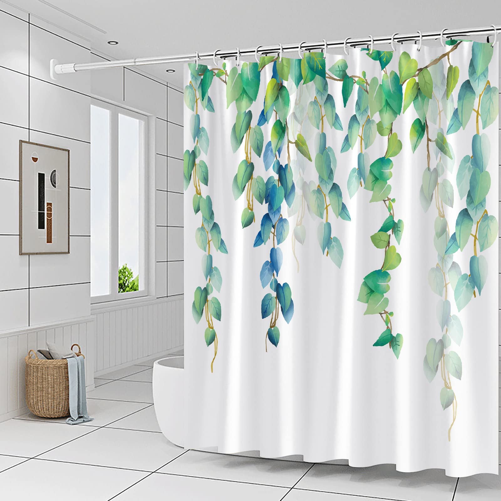 Green Leaves Fabric Shower Curtain - Spring Plant Vine Design Blue Green Leaf Bathroom Decor - Polyester Bath Accessories Set with Hooks 60x70 Inch - Perfect for Modern Bathrooms, Spa Retreats & Nature-Themed Home Decor