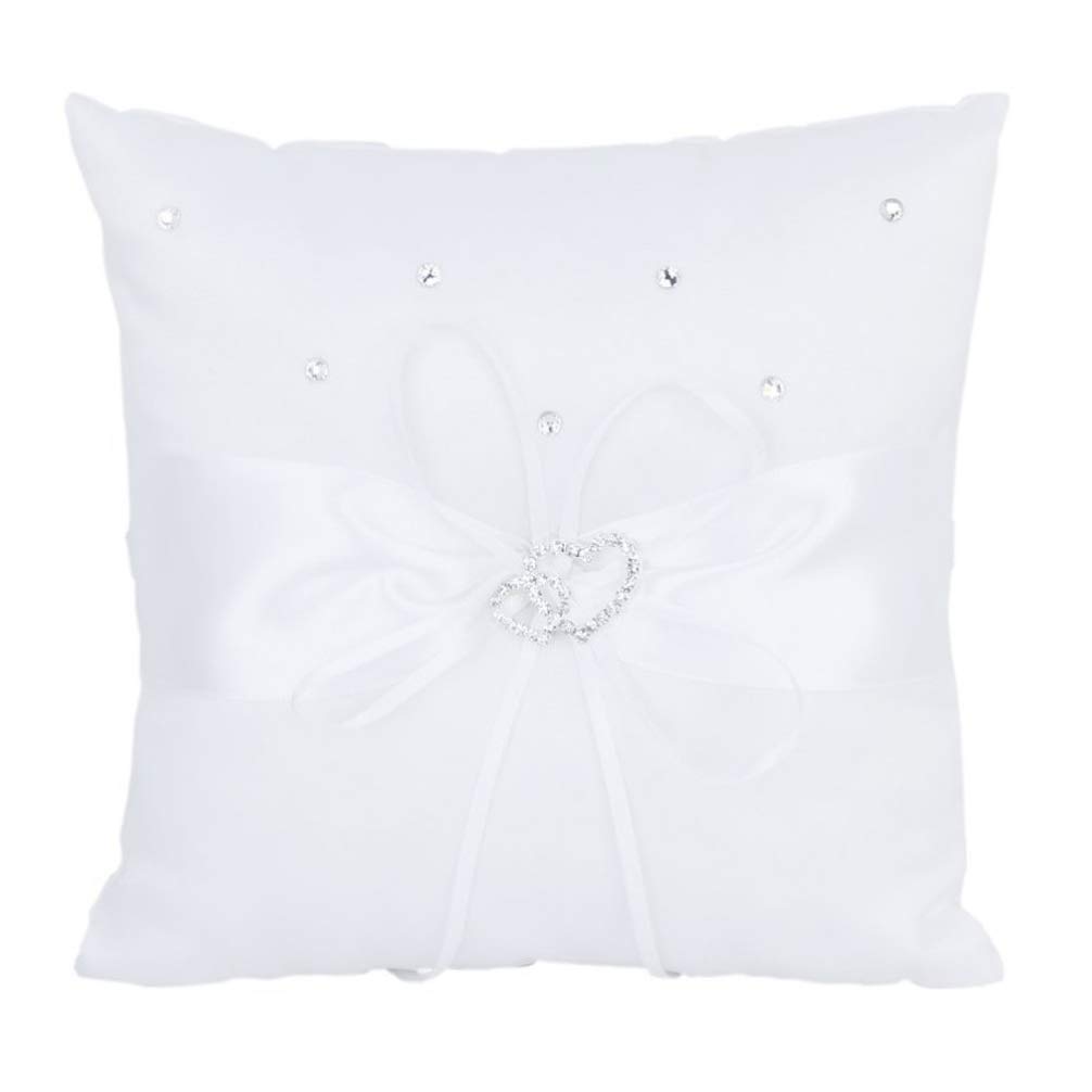 STOBOK Wedding Ring Pillow - Double Heart Bridal Ring Bearer Cushion with Satin Ribbons, 18x18cm - Perfect for Wedding Ceremonies, Vows Exchange & Romantic Proposals