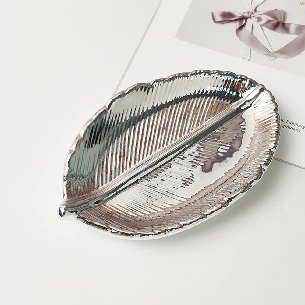 Mollensiuer Ceramic Leaf-Shaped Jewelry Display Tray - Elegant Small Objects Storage Tray for Rings, Earrings & Necklaces - Perfect for Dresser, Vanity, Christmas, Birthday & Wedding Gifts (Silver) - Home Decor & Jewelry Organization Accessory