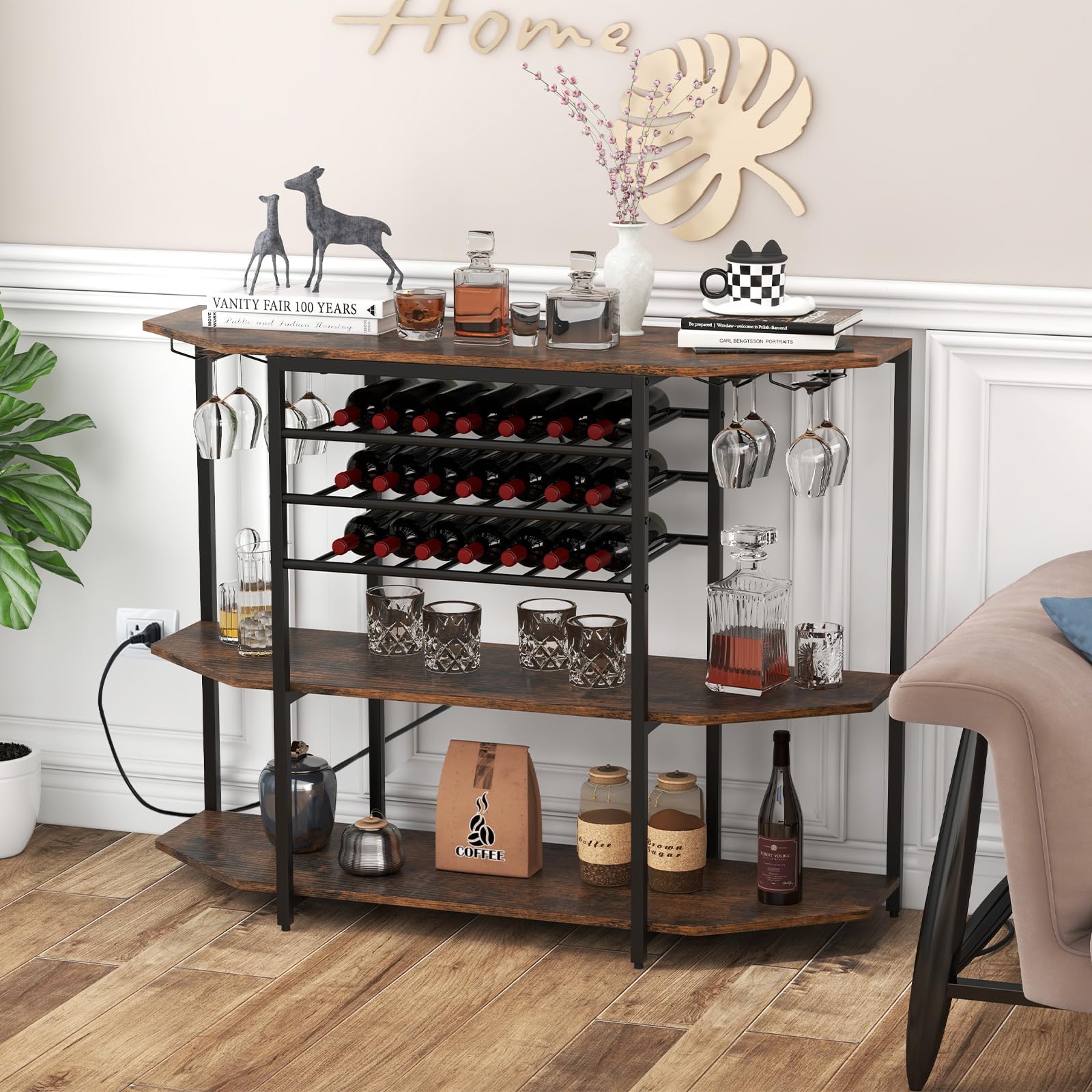 COSTWAY 3-Tier Wine Bar Cabinet with Power Outlets - Rustic Brown Liquor Storage with Wine Bottle Racks & Glass Holders, Freestanding Mini Bar Table for Kitchen, Dining Room, Home Pub or Office - Perfect for Entertaining Guests & Displaying Your Wine Collection
