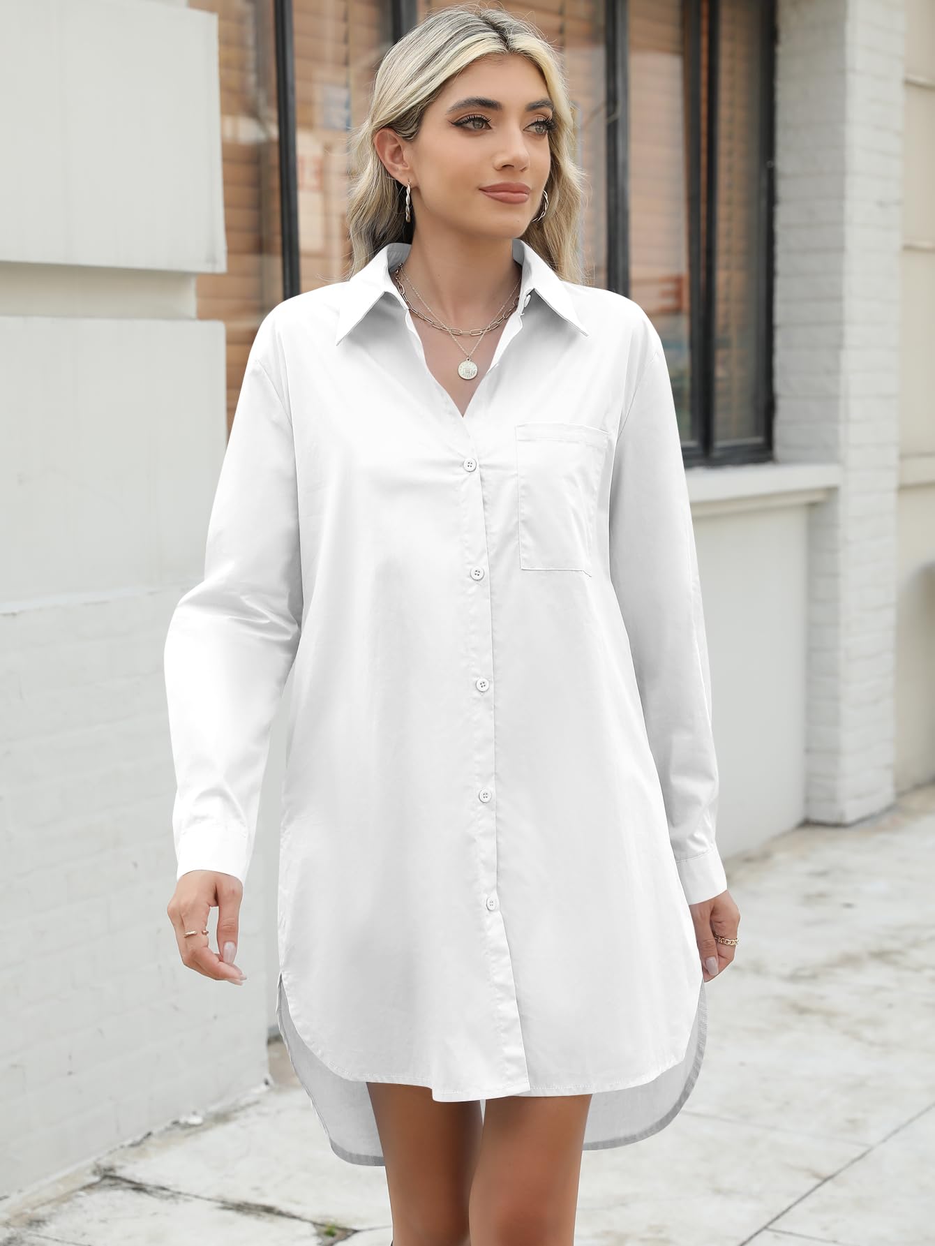 YKR Women's Casual Button Down Shirt Dress - Soft Cotton High-Low Tunic with Long Sleeves & Pockets | Office Wear, Date Night Outfit, Spring Summer Layering Essential