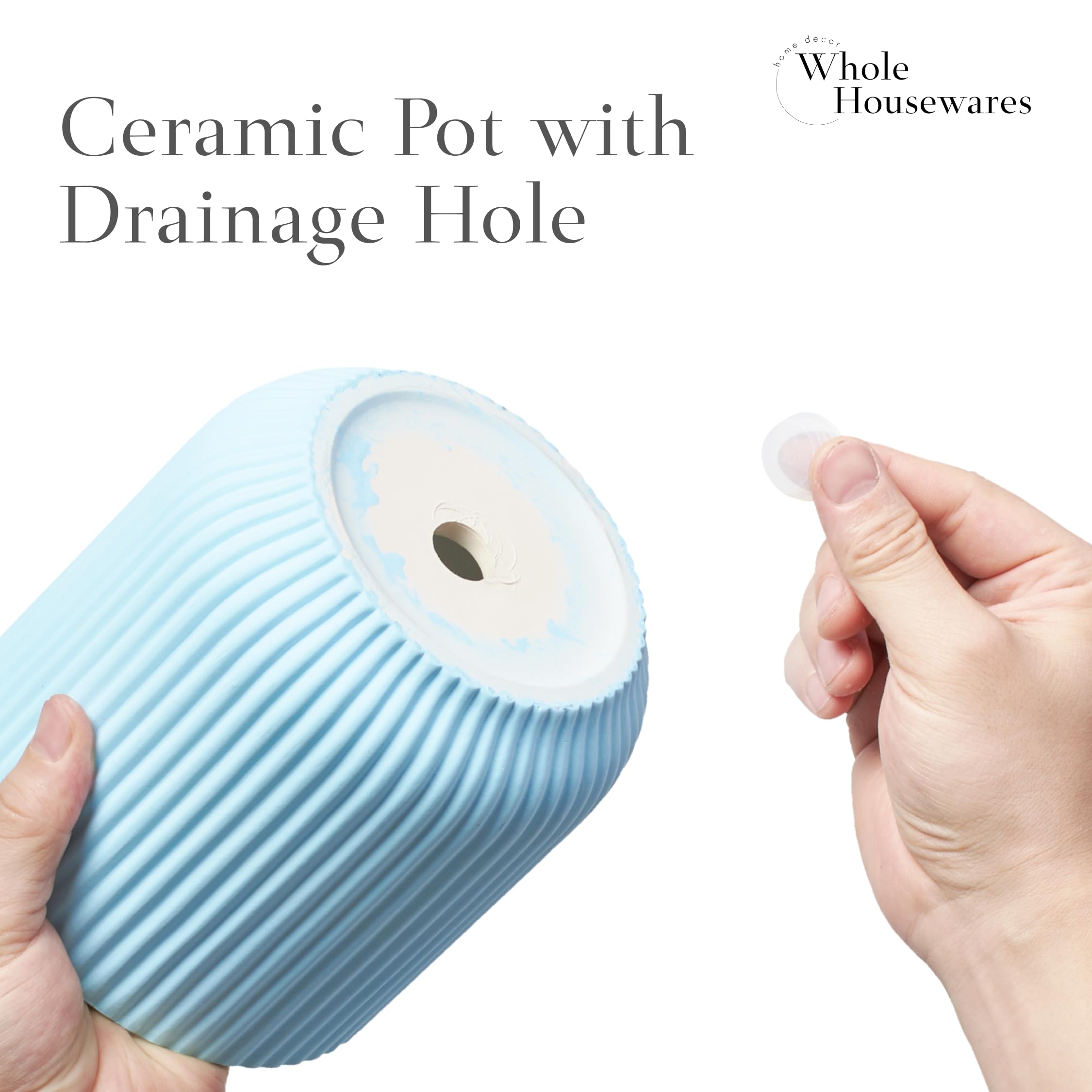 WHOLE HOUSEWARES Ceramic Flower Pot with Drainage Hole - Modern Indoor Outdoor Planters for Succulents, Herbs & Houseplants - Retro Style Decorative Planter in Light Blue - Perfect for Home, Office, Balcony & Garden Decor