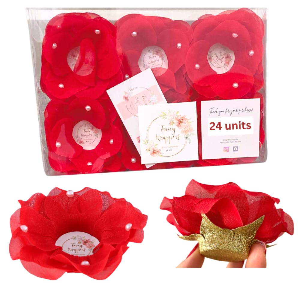 24 Elegant Fabric Flower Truffle Wrappers with Pearl Accents | Mini Cupcake Liners for Wedding Favors | Chocolate Covered Strawberry Supplies | Strawberry Shaped Liners for Desserts | Brigadeiro Molds | Perfect for Weddings, Baby Showers & Party Decorations