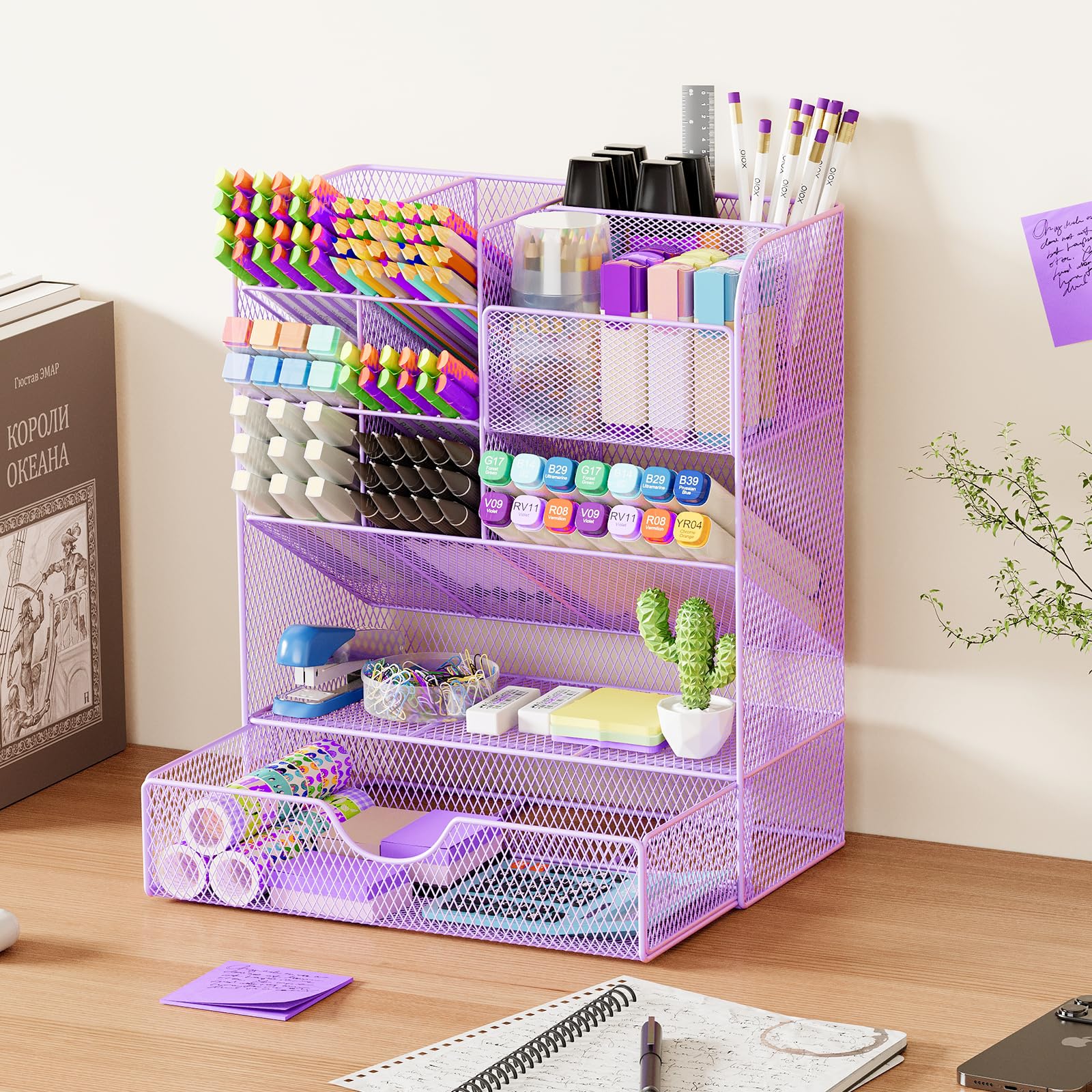 Purple Desk Organizer with Drawer - Pencil & Pen Holder for Office, School & Home | Workspace Desktop Organizer for Art Supplies & Stationery | Perfect for Study, Work & Crafting