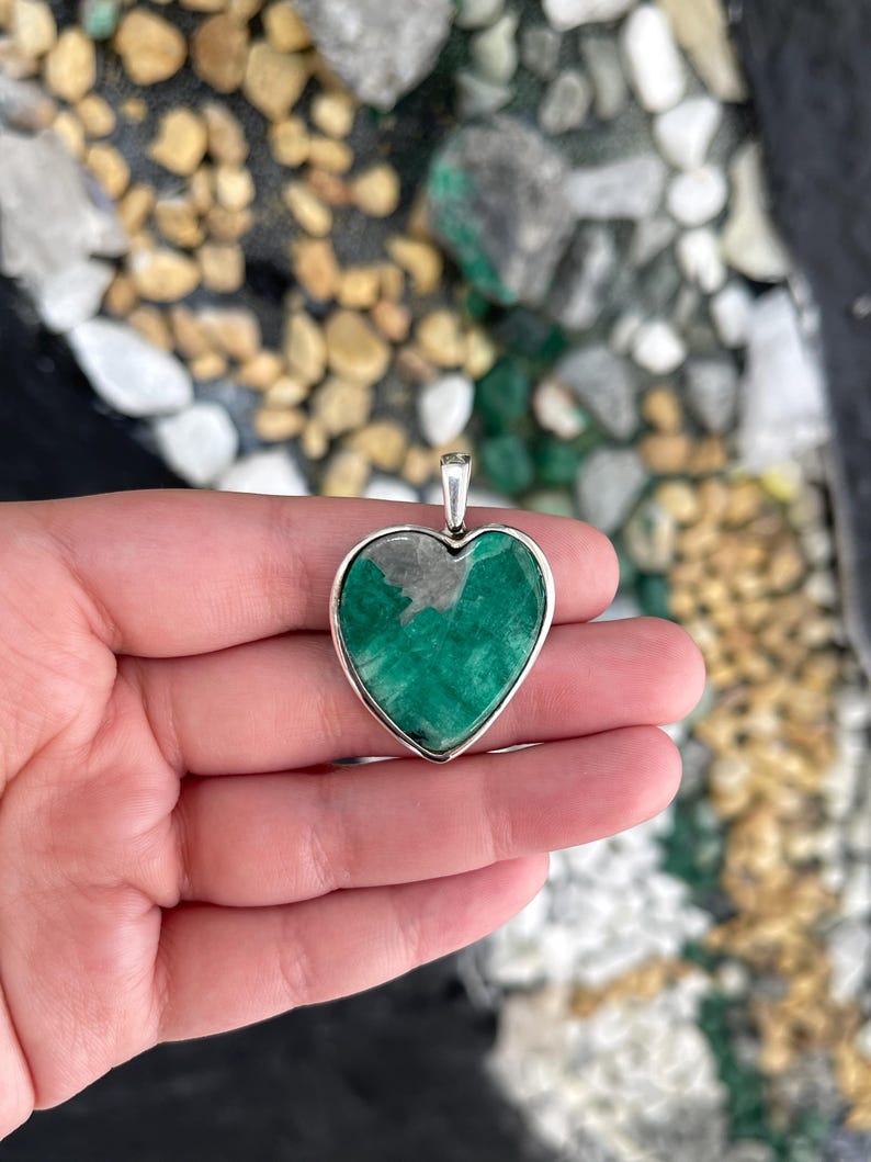 Natural Colombian Emerald in Matrix Heart Pendant - 925 Sterling Silver Bezel Set Rough Gemstone Jewelry for Women - Perfect for Valentine's Day, Anniversary & Romantic Gifts