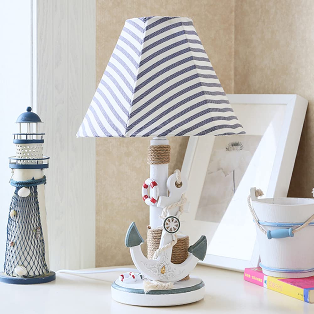 Navy Blue Anchor Table Lamp - Fabric & Resin Nautical Night Light with Rope Reading Light for Bedroom, Living Room, Office | Coastal Decor, Marine Theme Lighting