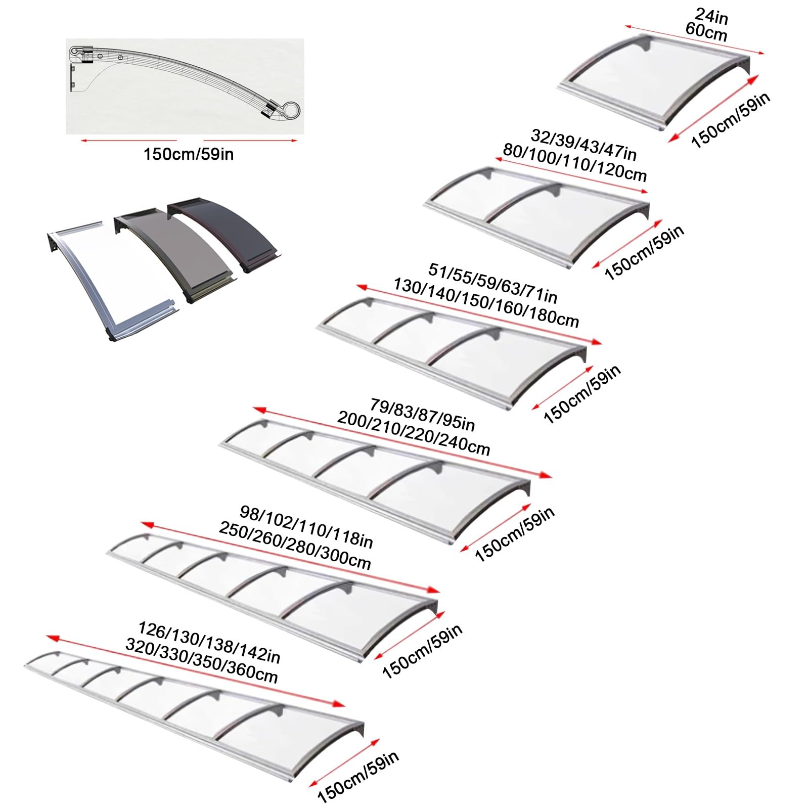 Premium Polycarbonate Window & Door Awning Canopy - 59x47in (150x120cm) Weatherproof Outdoor Cover for Patio, Entryway & Windows - Perfect for Sun Protection & Rain Shelter