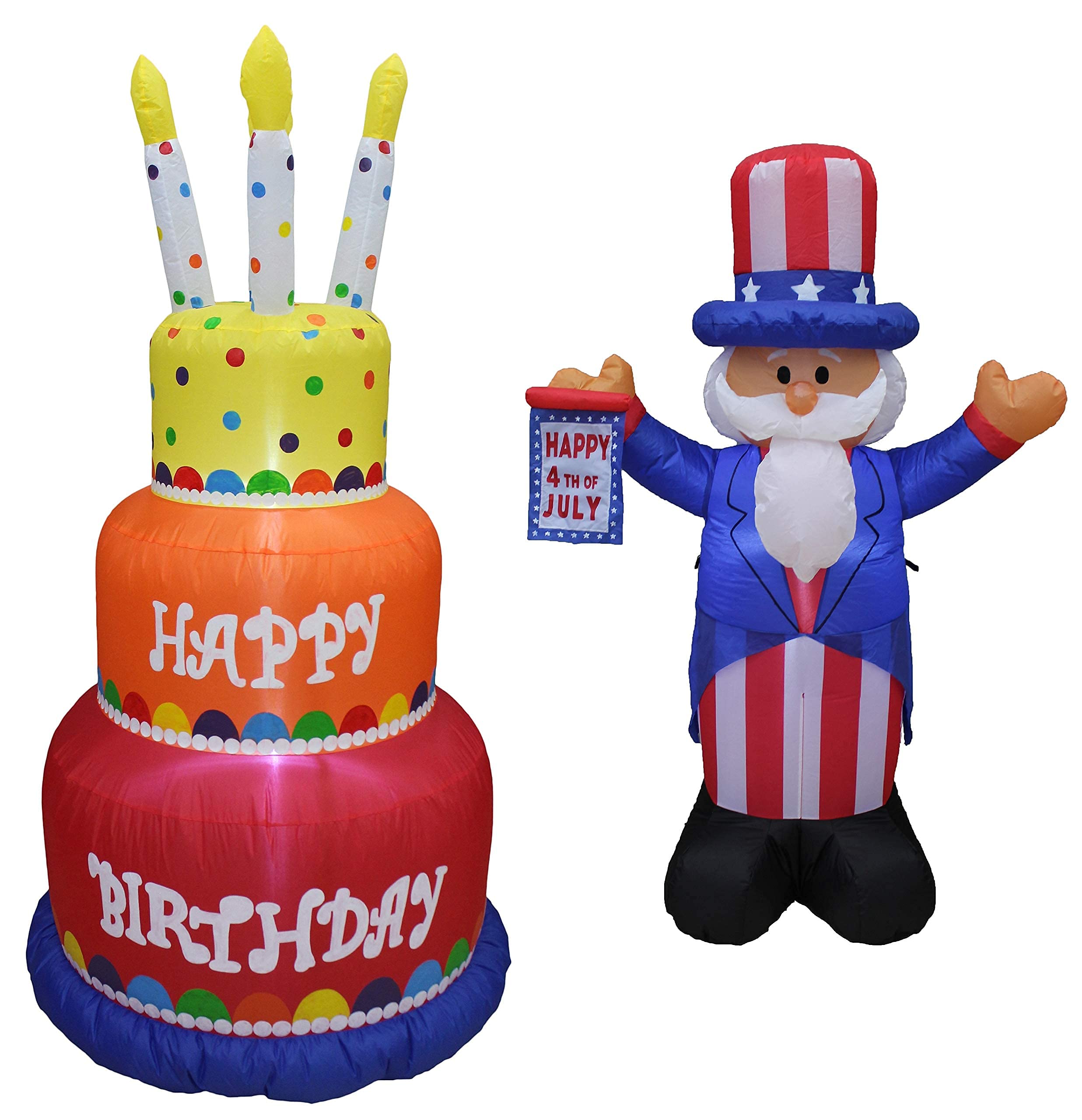 Happy Birthday & 4th of July Party Decorations Bundle - 6ft Inflatable Birthday Cake with Candles & 4ft Light-Up Uncle Sam Inflatable for Outdoor Celebrations, Backyard BBQs, and Patriotic Events