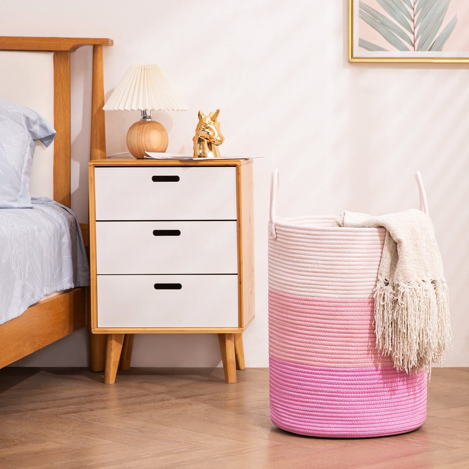 Large Pink Woven Rope Laundry Hamper Basket - 58L Tall Nursery Hamper for Baby Blankets, Clothes Storage & Bedroom Organization - Perfect for Nursery, Dorm Room & Laundry Room Organization
