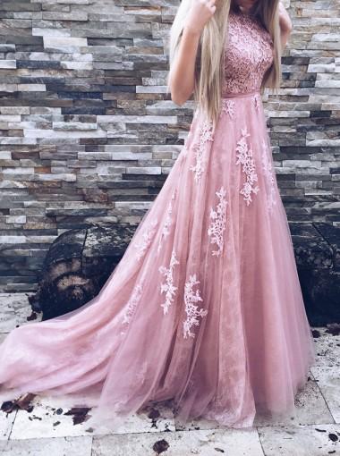 Elegant Blush Pink Lace Beaded A-Line Long Evening Prom Dress 17631 - Perfect for Formal Dances, Weddings & Special Occasions