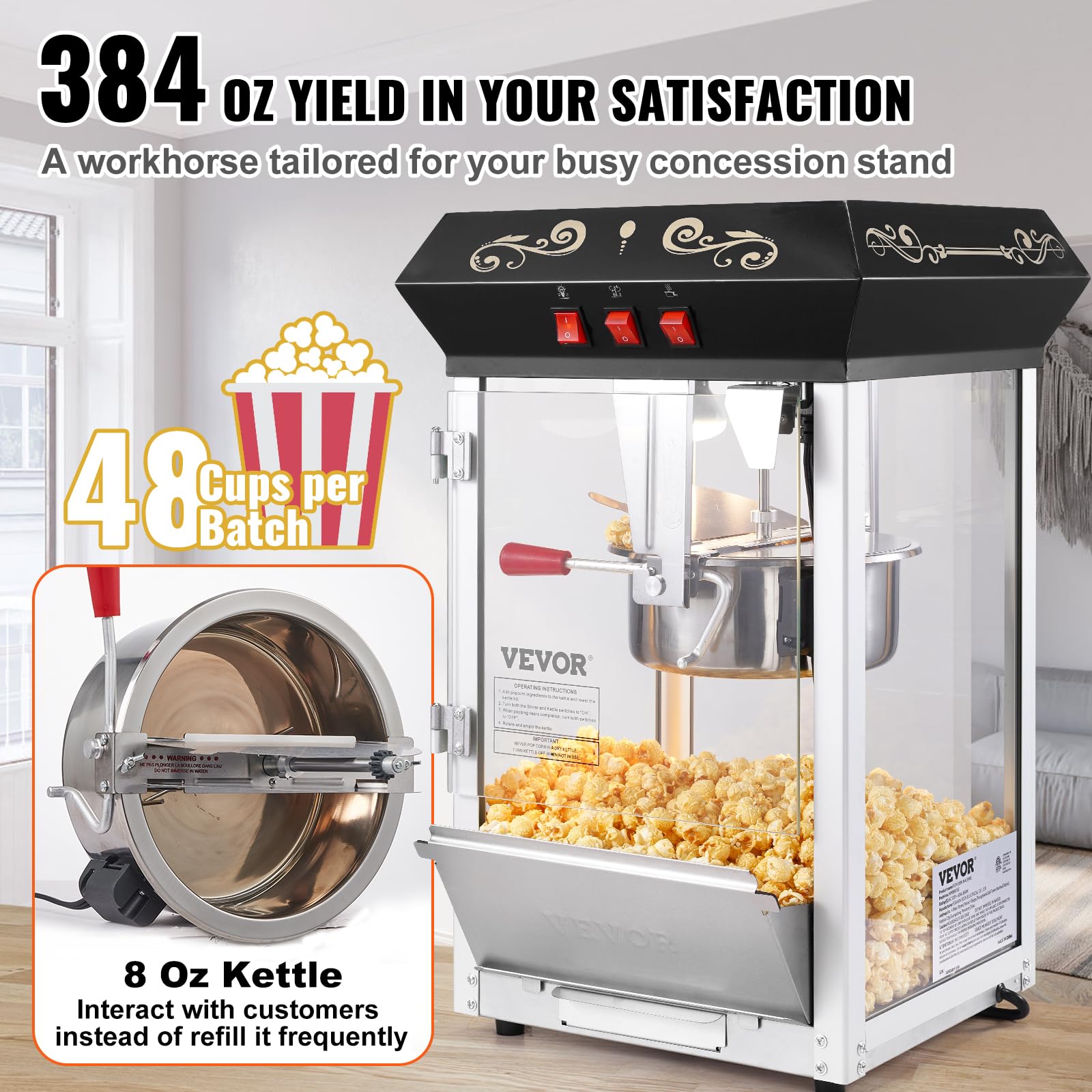 VEVOR 850W Commercial Popcorn Maker Machine - 8oz Kettle Makes 48 Cups per Batch, Countertop Popcorn Popper with Tempered Glass, Includes 4 Scoops - Movie Theater Style Black for Home, Parties & Events