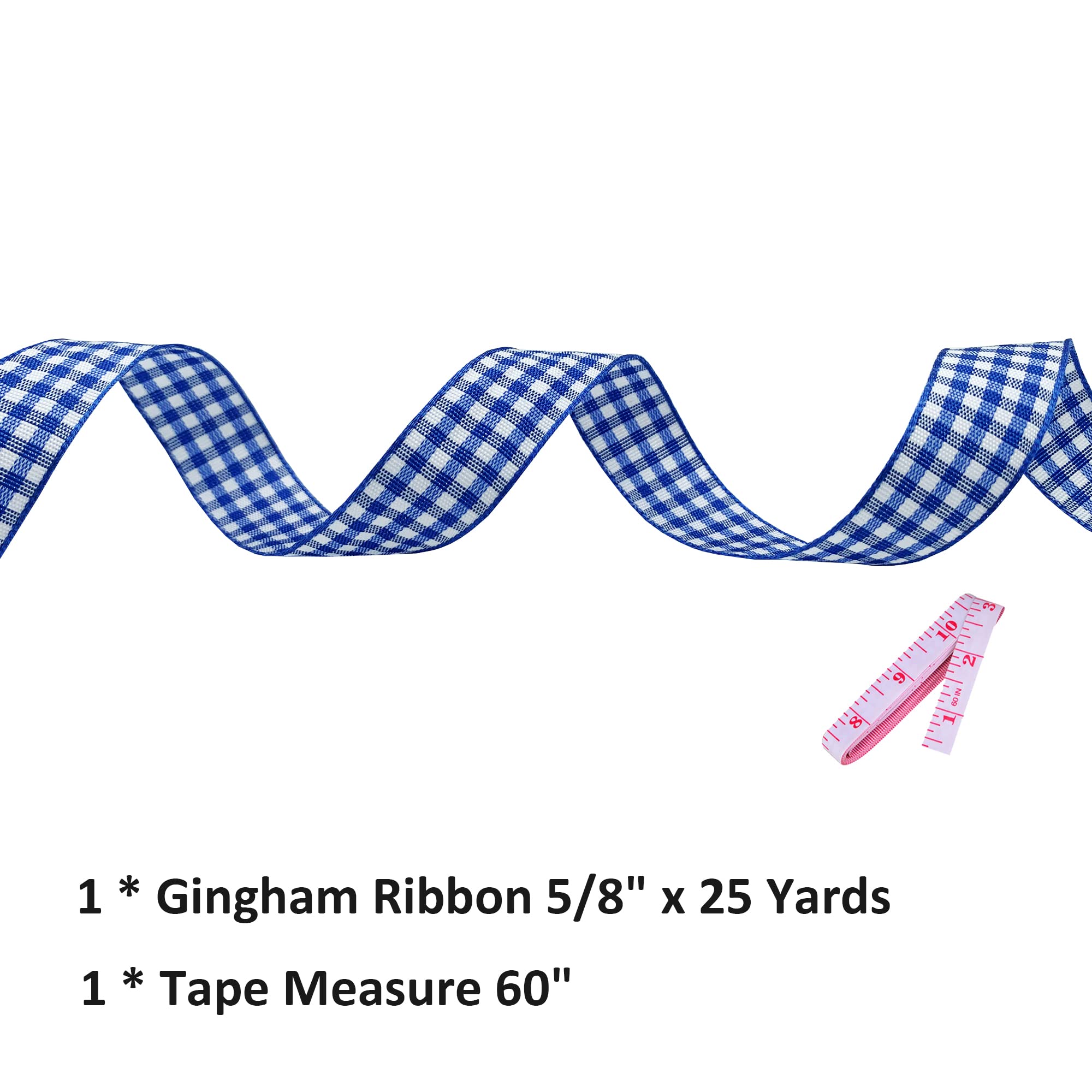 Blue and White Gingham Ribbon - 5/8 Inch x 25 Yard Roll - Polyester Woven Edge Ribbon for Crafts, Hair Accessories, Gift Wrapping & Christmas Decorations - Includes 60 Inch Tape Measure - Perfect for DIY Projects, Picnic Decor, Party Favors & Scrapbooking