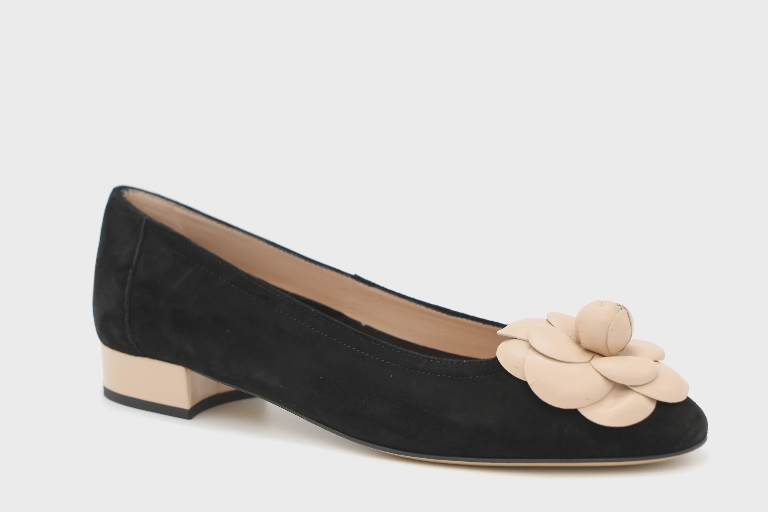 FABUCCI Women's Black Suede Ballet Flats with Contrast Flower Design - Comfortable Slip-On Shoes for Work, Office & Casual Outfits