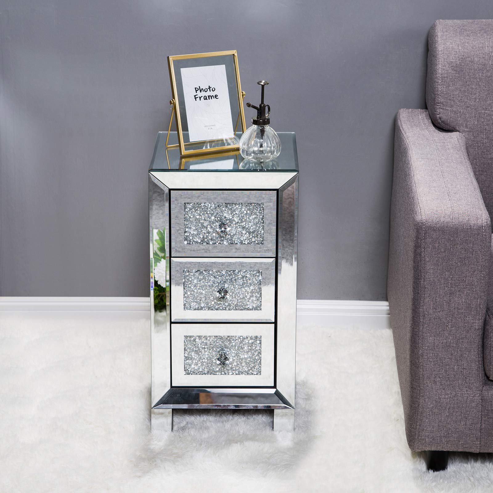 Modern Mirrored 3-Drawer Nightstand with Crystal Knobs - Silver Finish Bedside Table for Bedroom & Living Room Storage