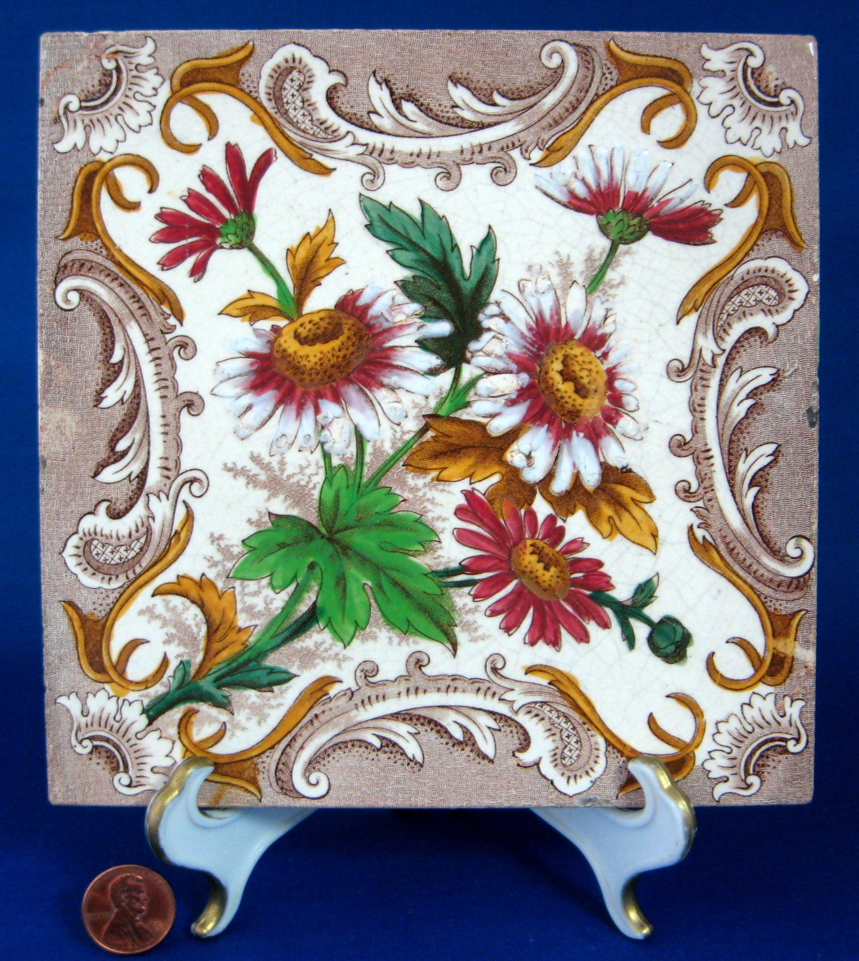 Victorian Transferware Tile with Daisies Design | 1891 English Architectural Tile Trivet | Perfect for Kitchen, Dining, or Home Decor